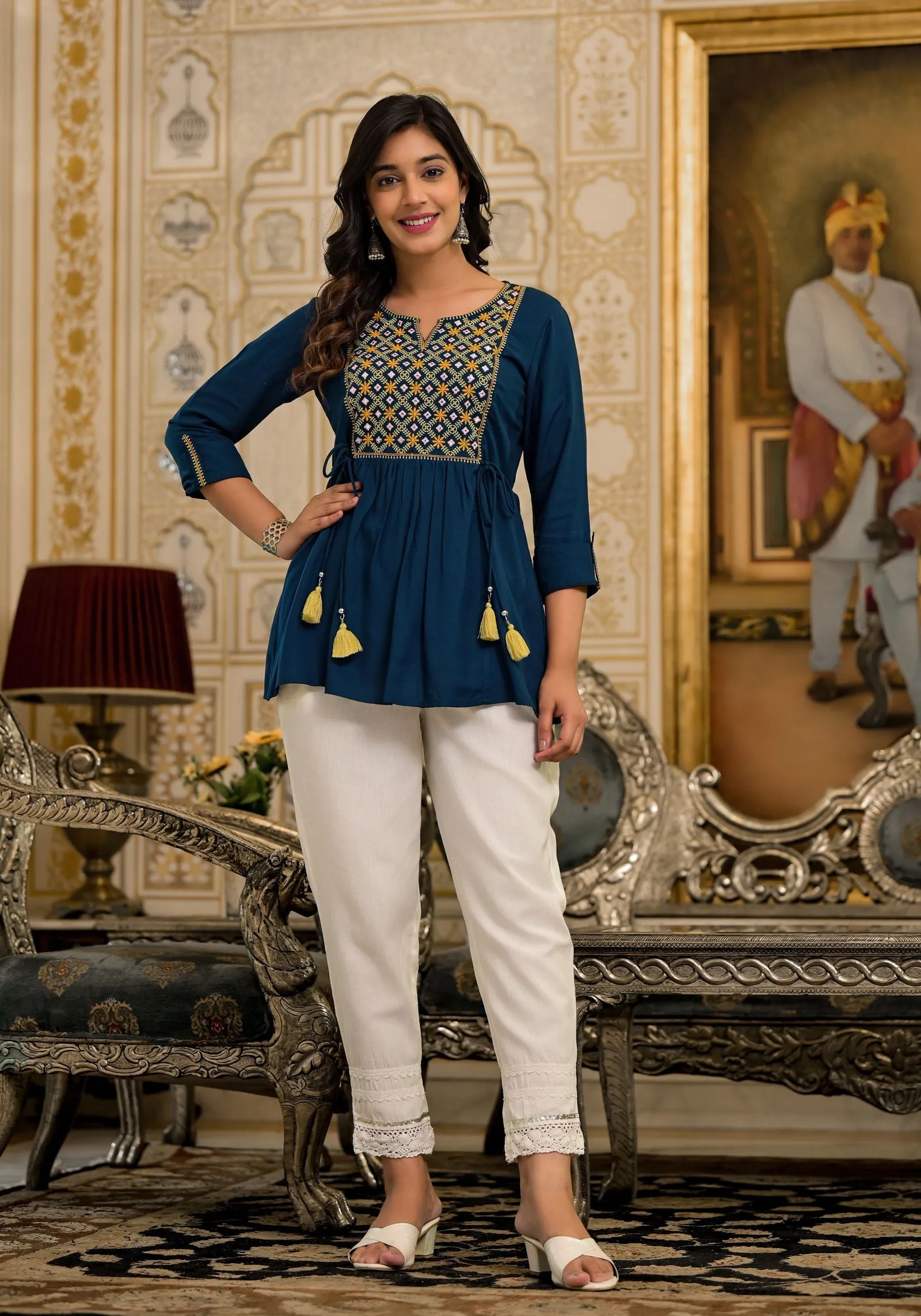 Jashvi Blue Thread Embroidered Rayon Tunic With Mirror Work & Tassels