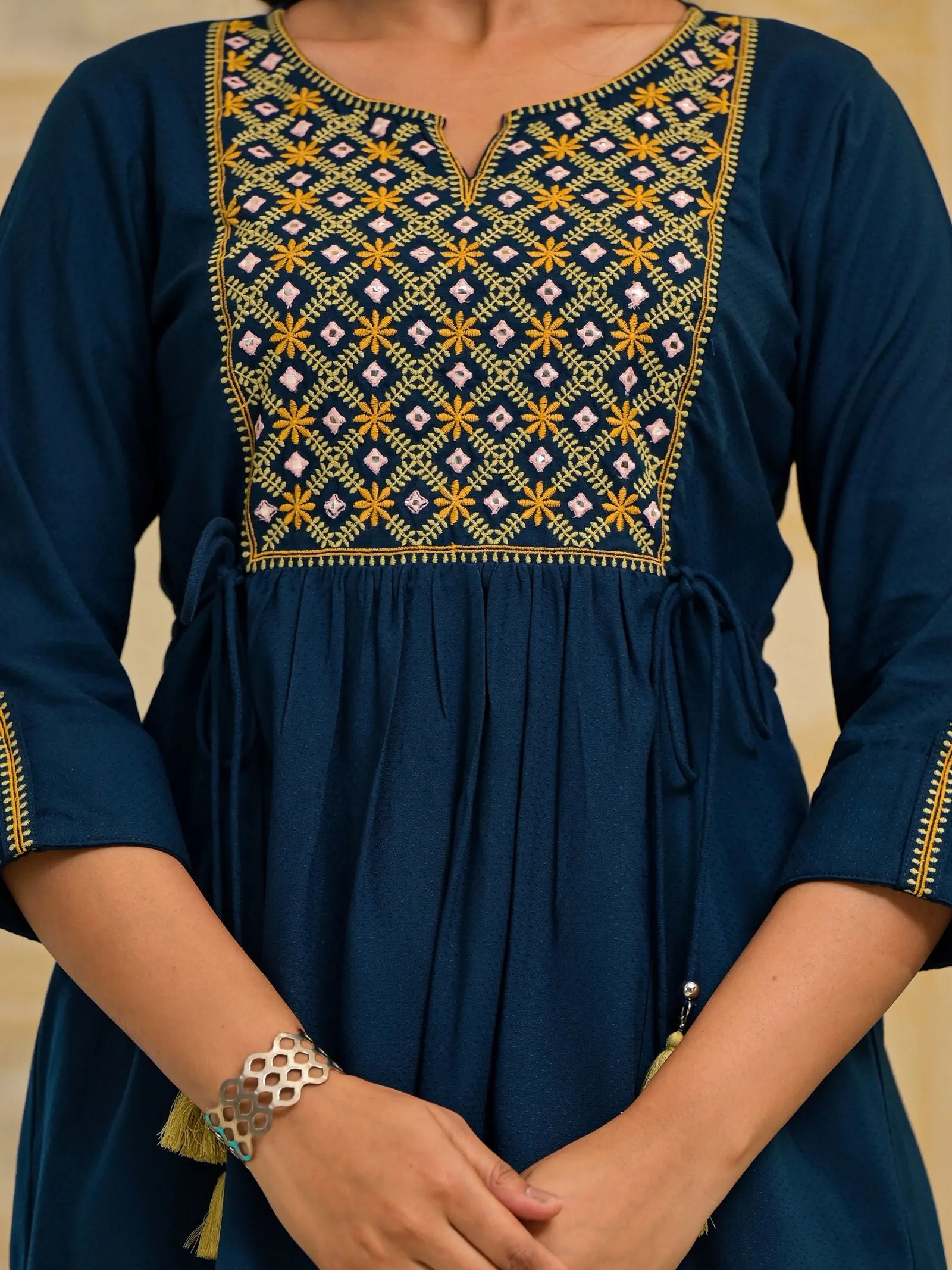 Jashvi Blue Thread Embroidered Rayon Tunic With Mirror Work & Tassels