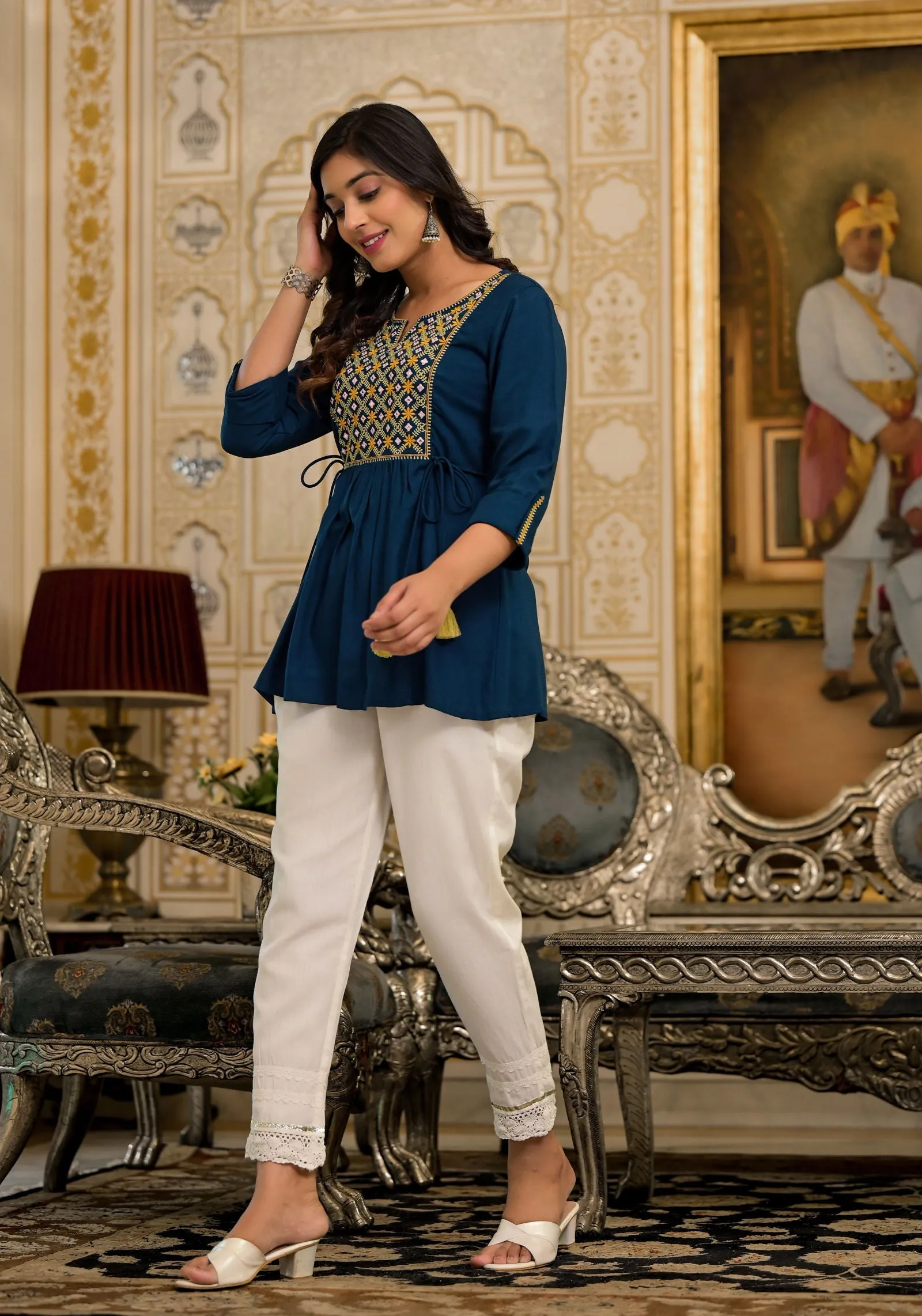 Jashvi Blue Thread Embroidered Rayon Tunic With Mirror Work & Tassels