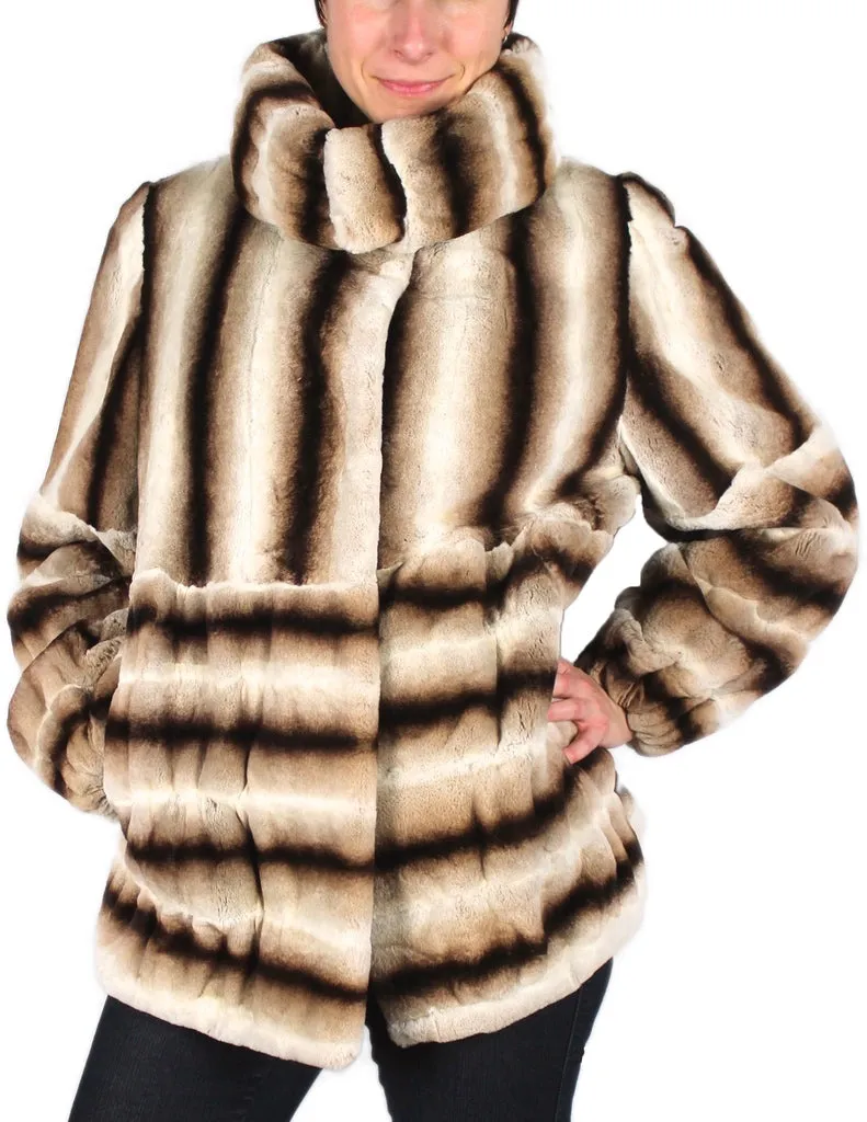 LARGE BEIGE BROWN STRIPED REX RABBIT FUR COAT, JACKET