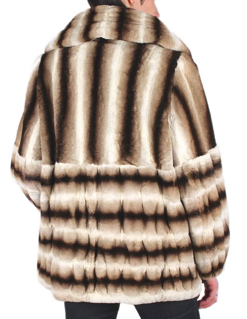 LARGE BEIGE BROWN STRIPED REX RABBIT FUR COAT, JACKET