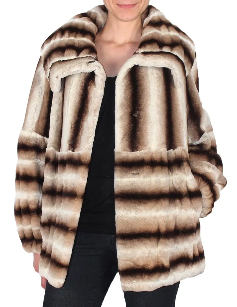 LARGE BEIGE BROWN STRIPED REX RABBIT FUR COAT, JACKET