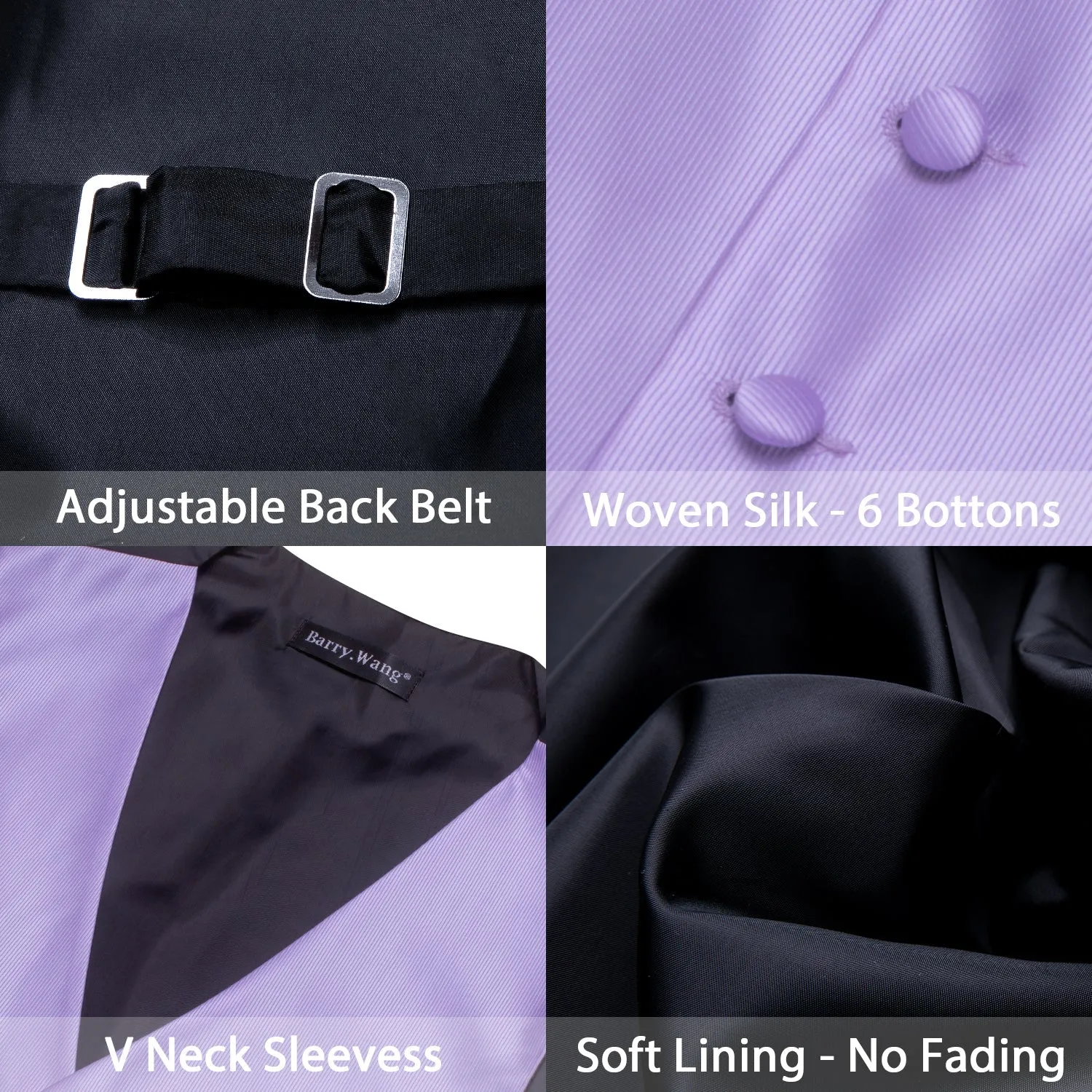 Light Purple Silk Men's Vest Hanky Cufflinks Tie Set