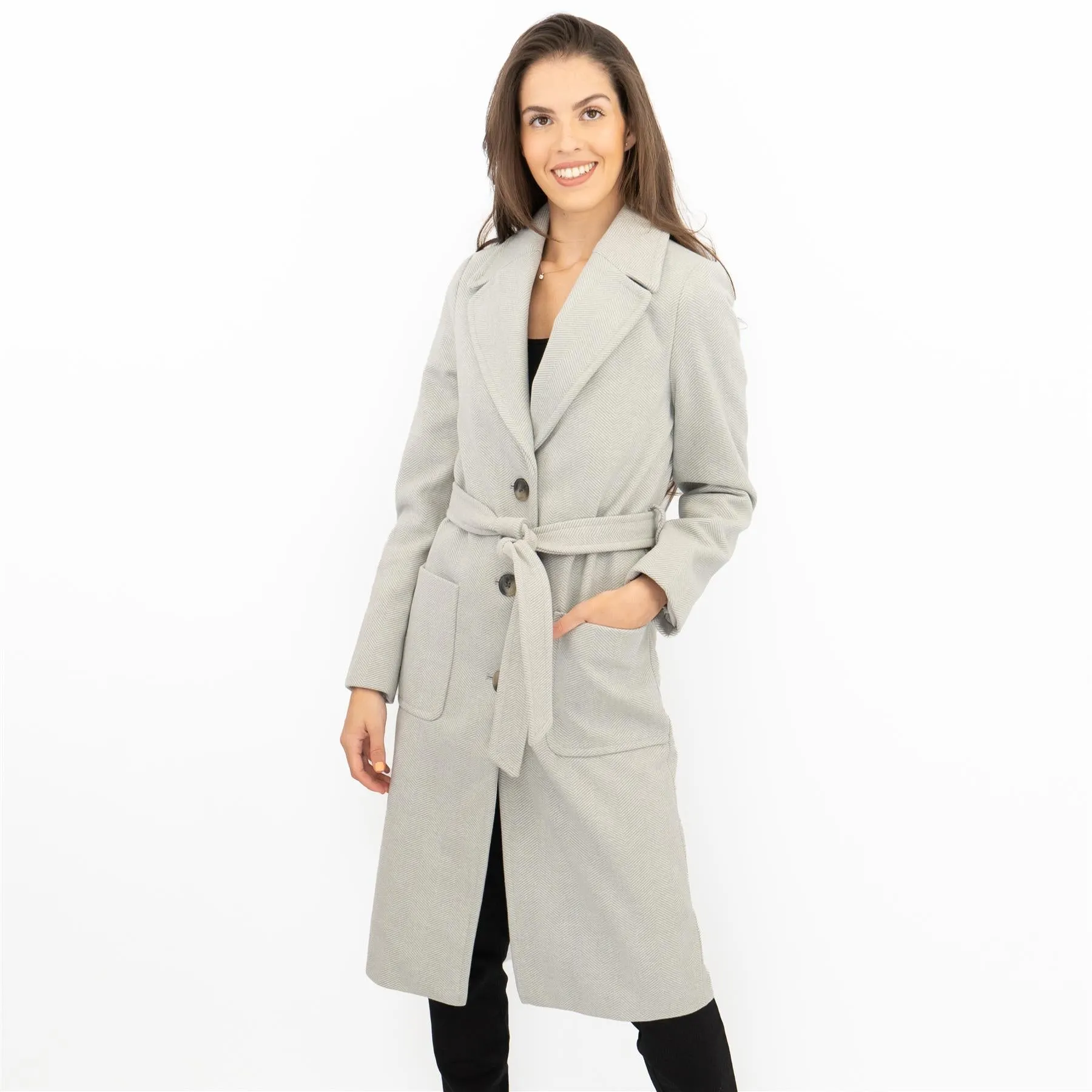 M&S Grey Herringbone Belted Tailored Coat