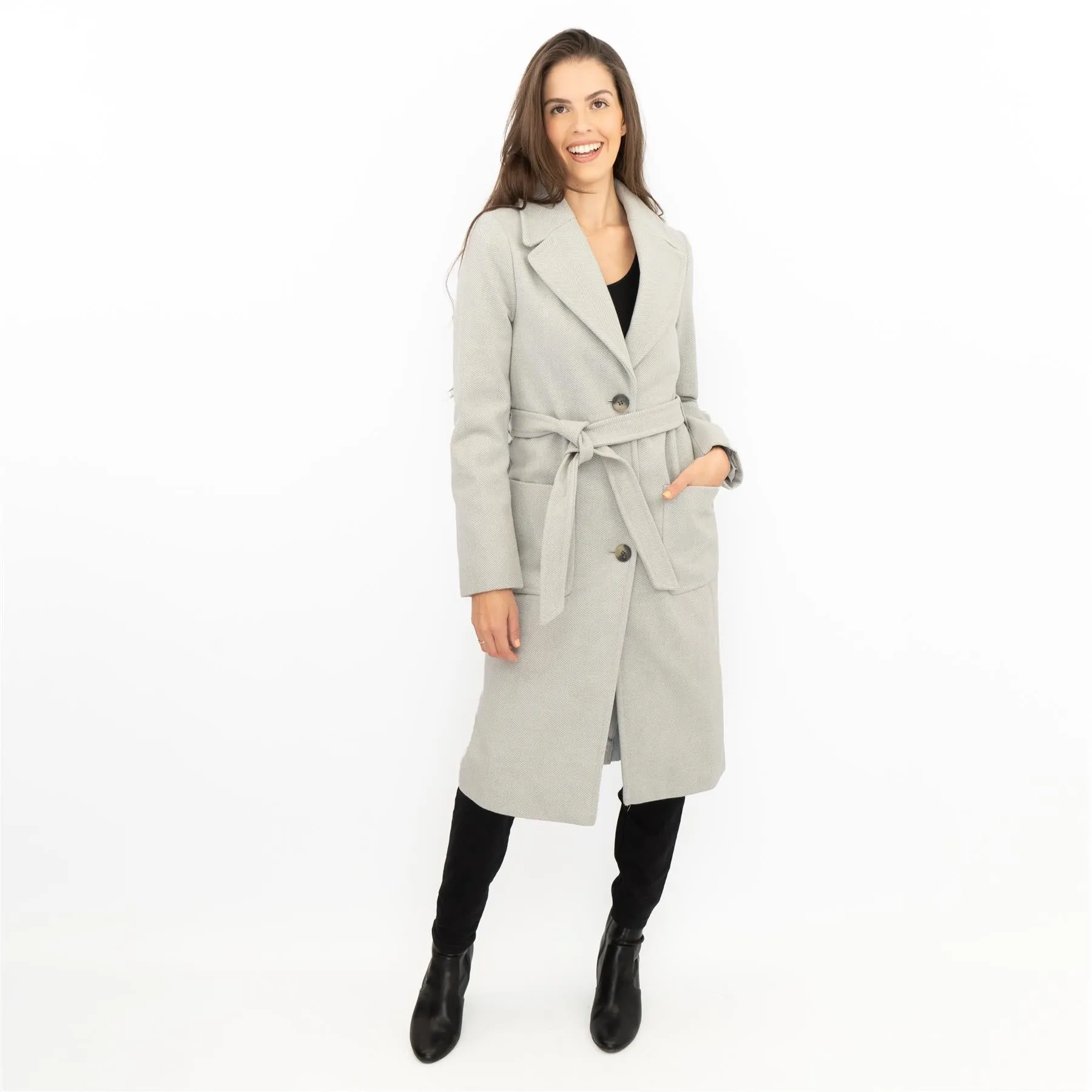 M&S Grey Herringbone Belted Tailored Coat