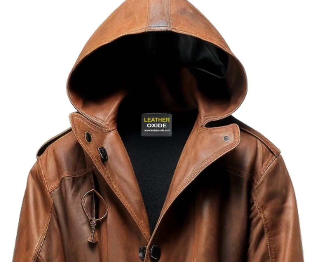 Men Vintage Hooded Leather Coat