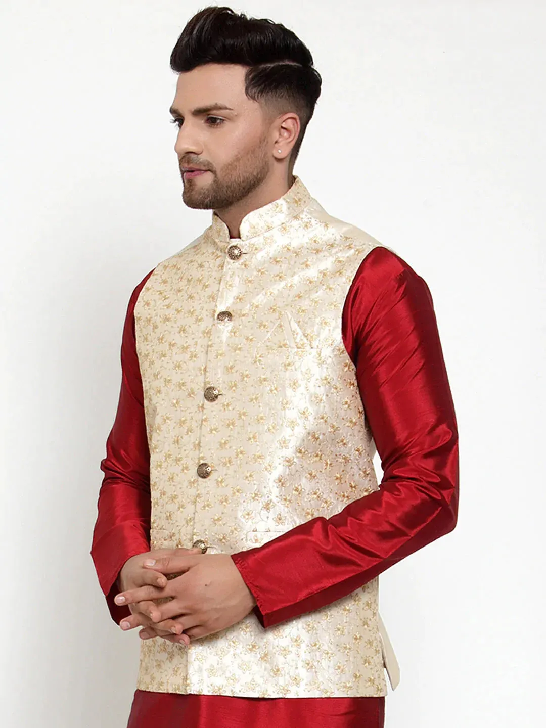 Men'S Cream Embroidered Nehru Jacket