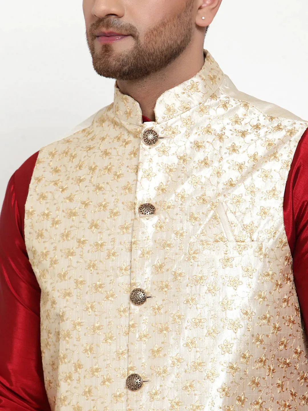 Men'S Cream Embroidered Nehru Jacket