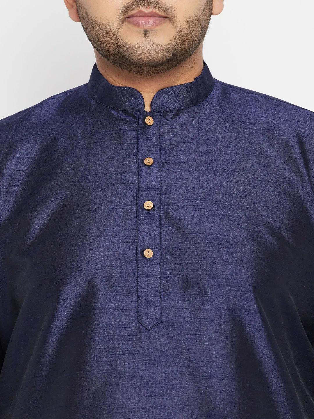 Men's Plus Navy Blue, Blue And White Silk Blend Jacket Kurta Pyjama Set - Vastramay