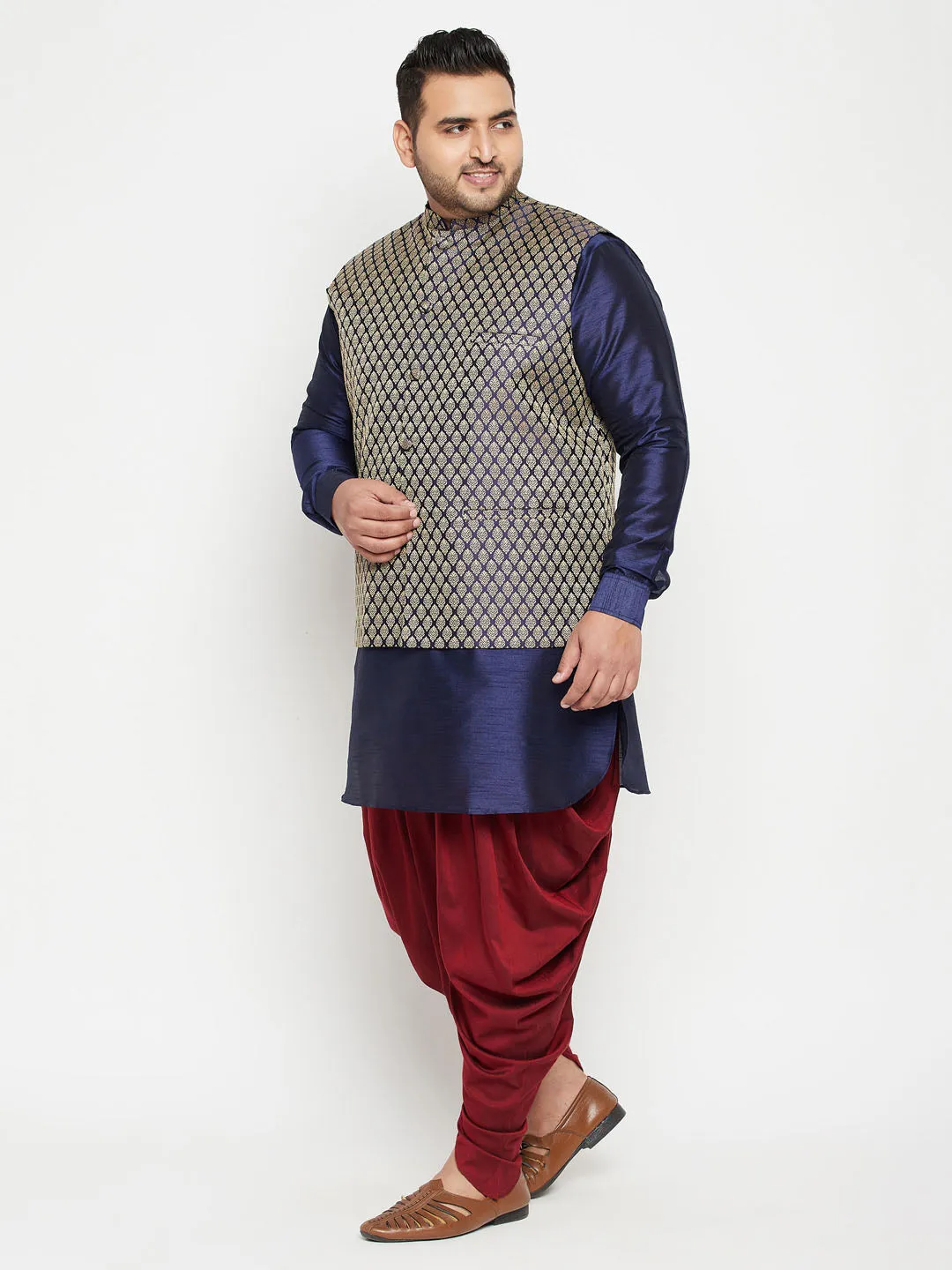 Men's Plus Navy Blue, Blue And White Silk Blend Jacket Kurta Pyjama Set - Vastramay