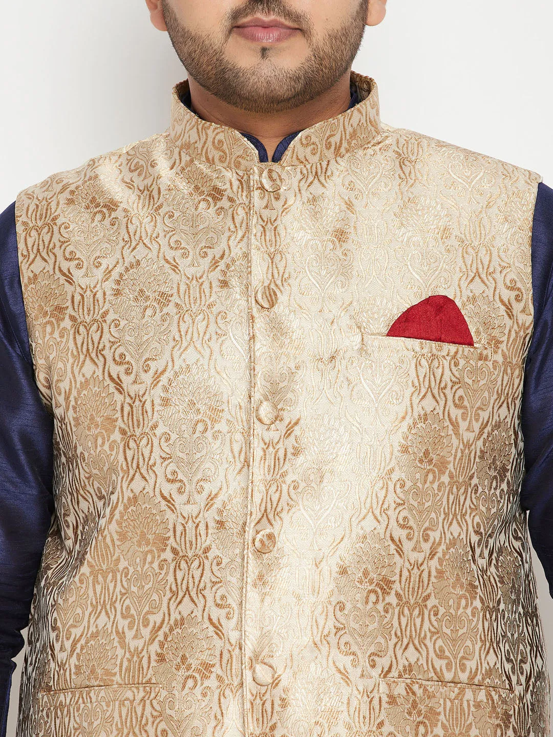 Men's Plus Navy Blue, Rose Gold And White Silk Blend Jacket Kurta Pyjama Set - Vastramay