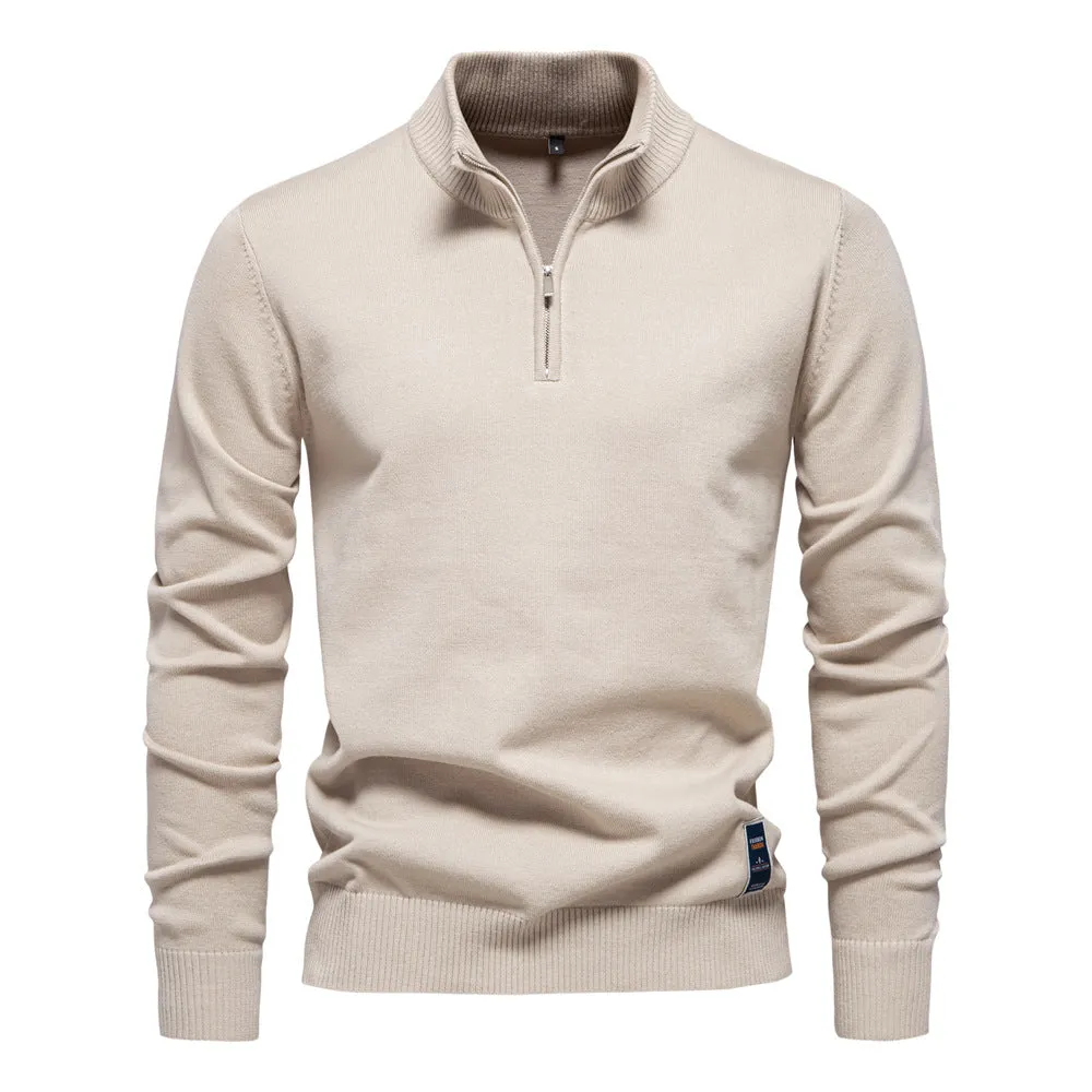 Men's Quarter-Zip Cotton Pullover Sweater – Solid Knit Mock Neck Polo | ZSW-03