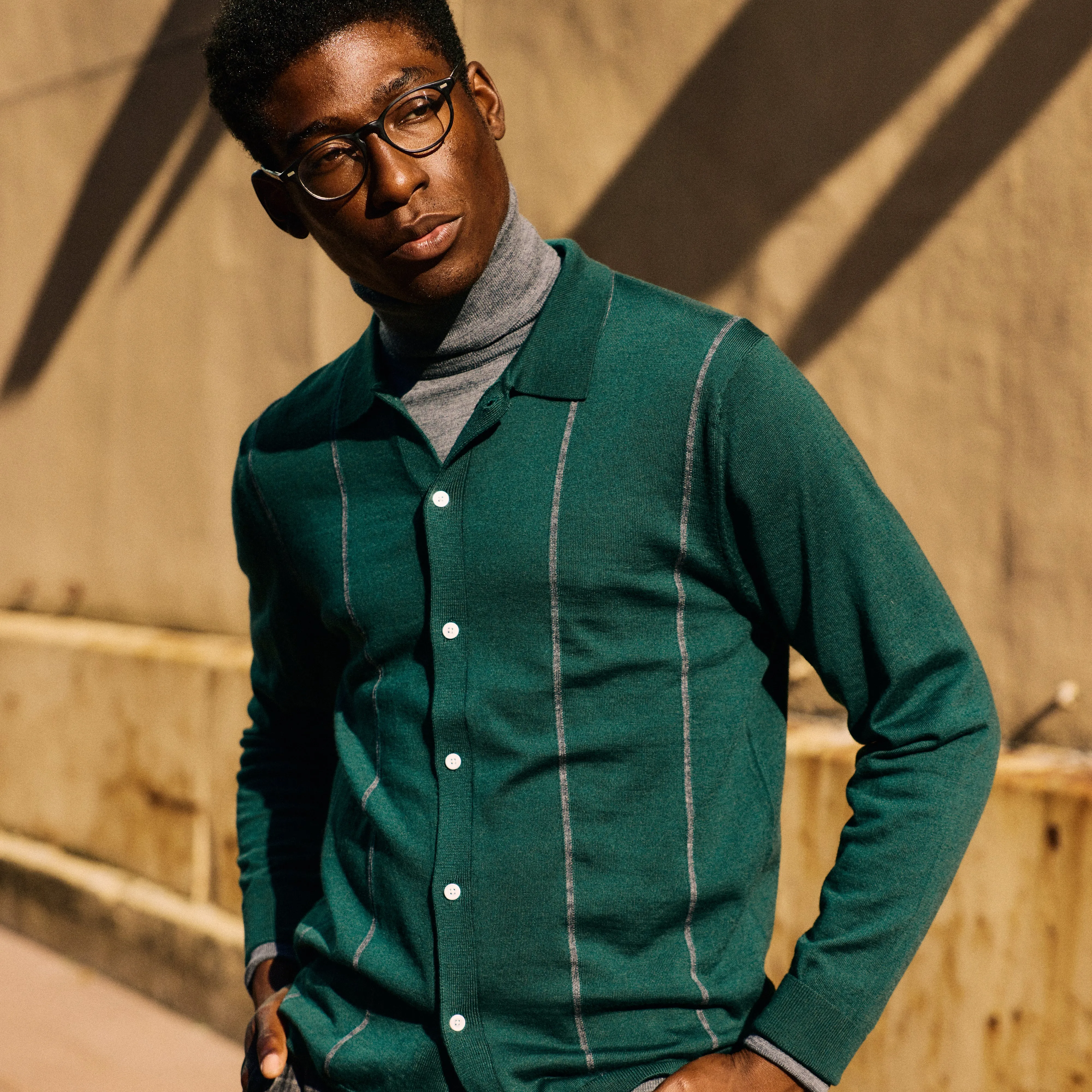 Merino Wool Striped Hunter Green Sweater Polo