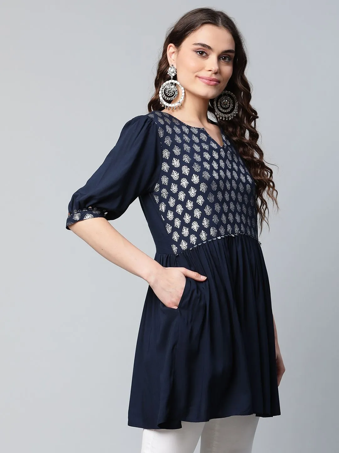 Navy Blue Rayon Silver Foil Print Tunic