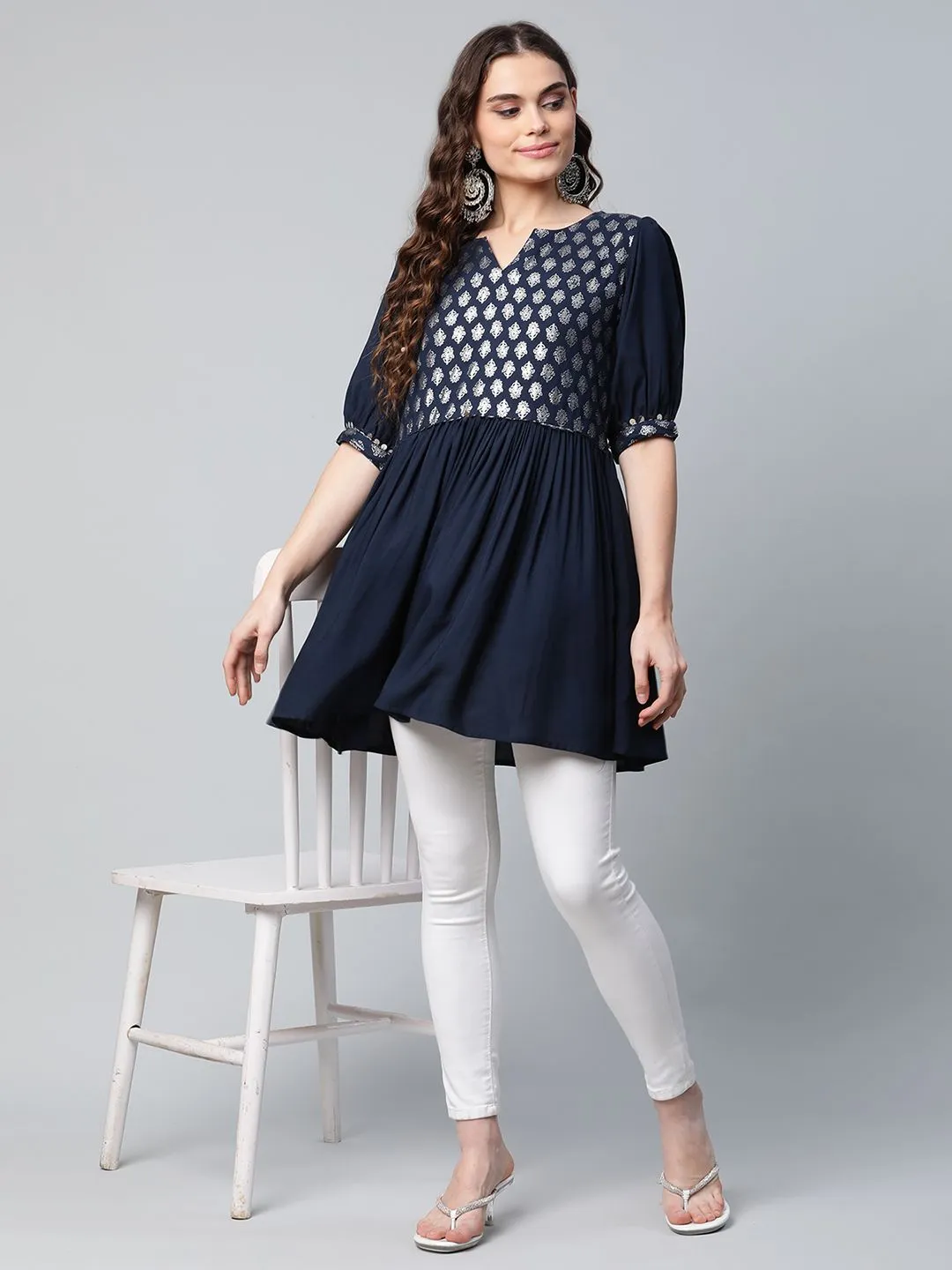 Navy Blue Rayon Silver Foil Print Tunic