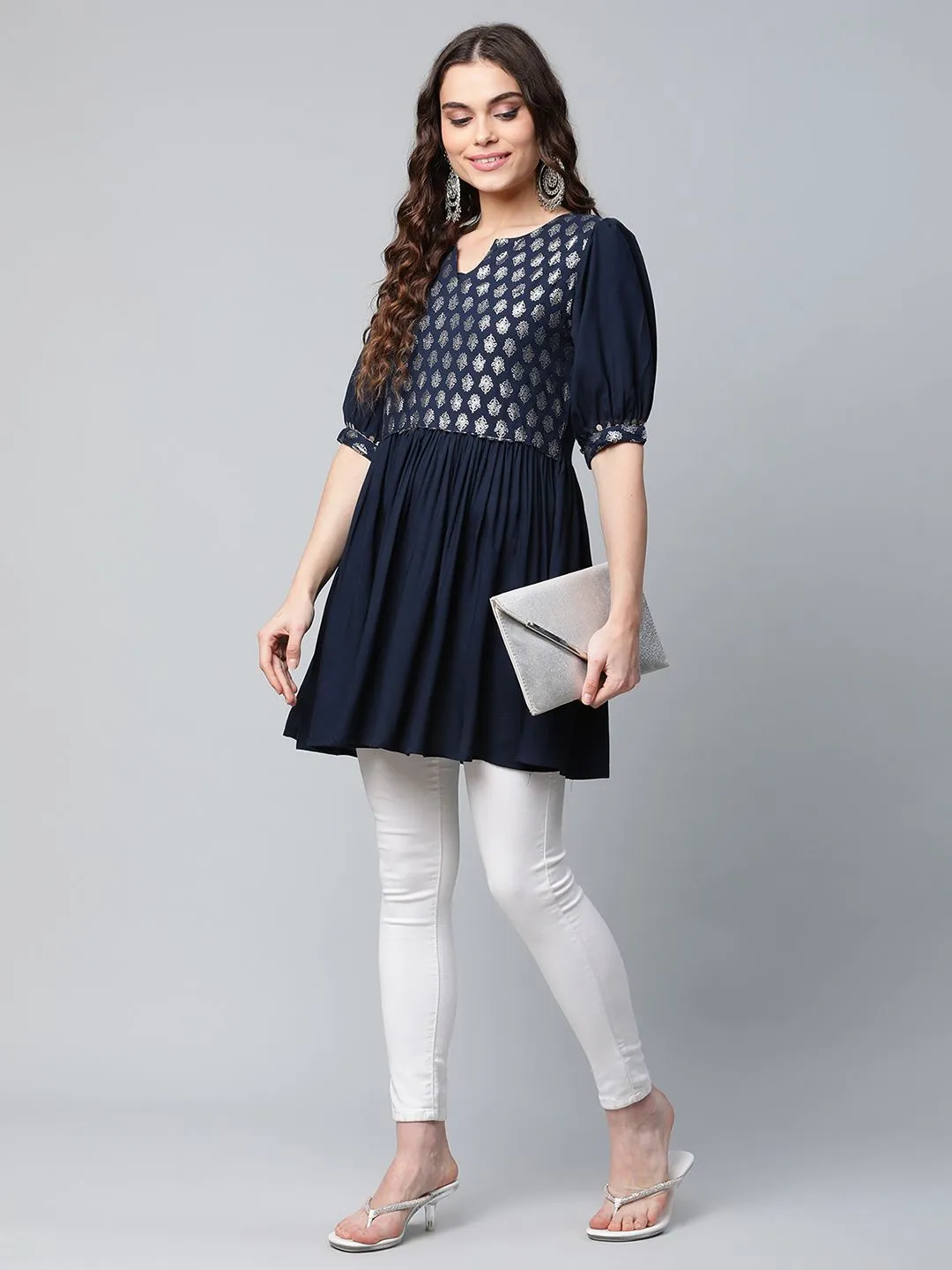 Navy Blue Rayon Silver Foil Print Tunic