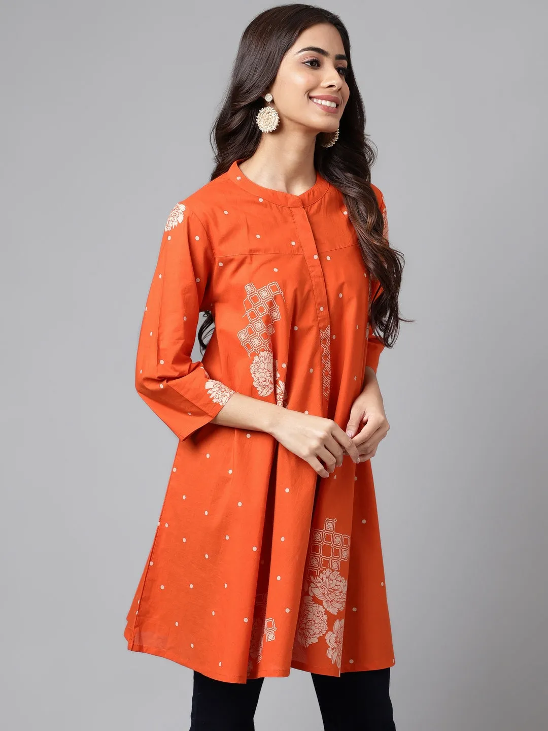 Orange Cotton Floral Printed Flared Tunic