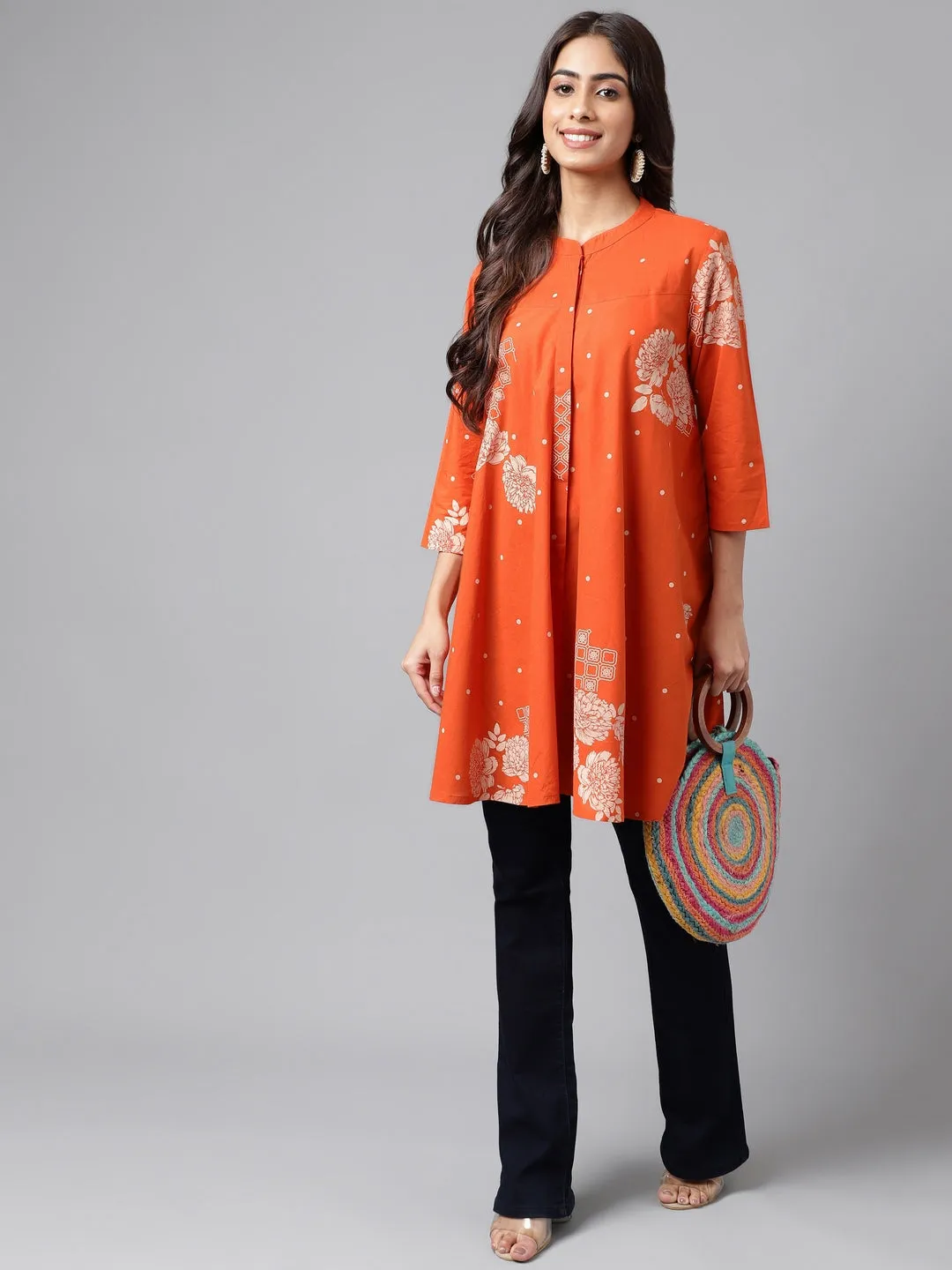 Orange Cotton Floral Printed Flared Tunic