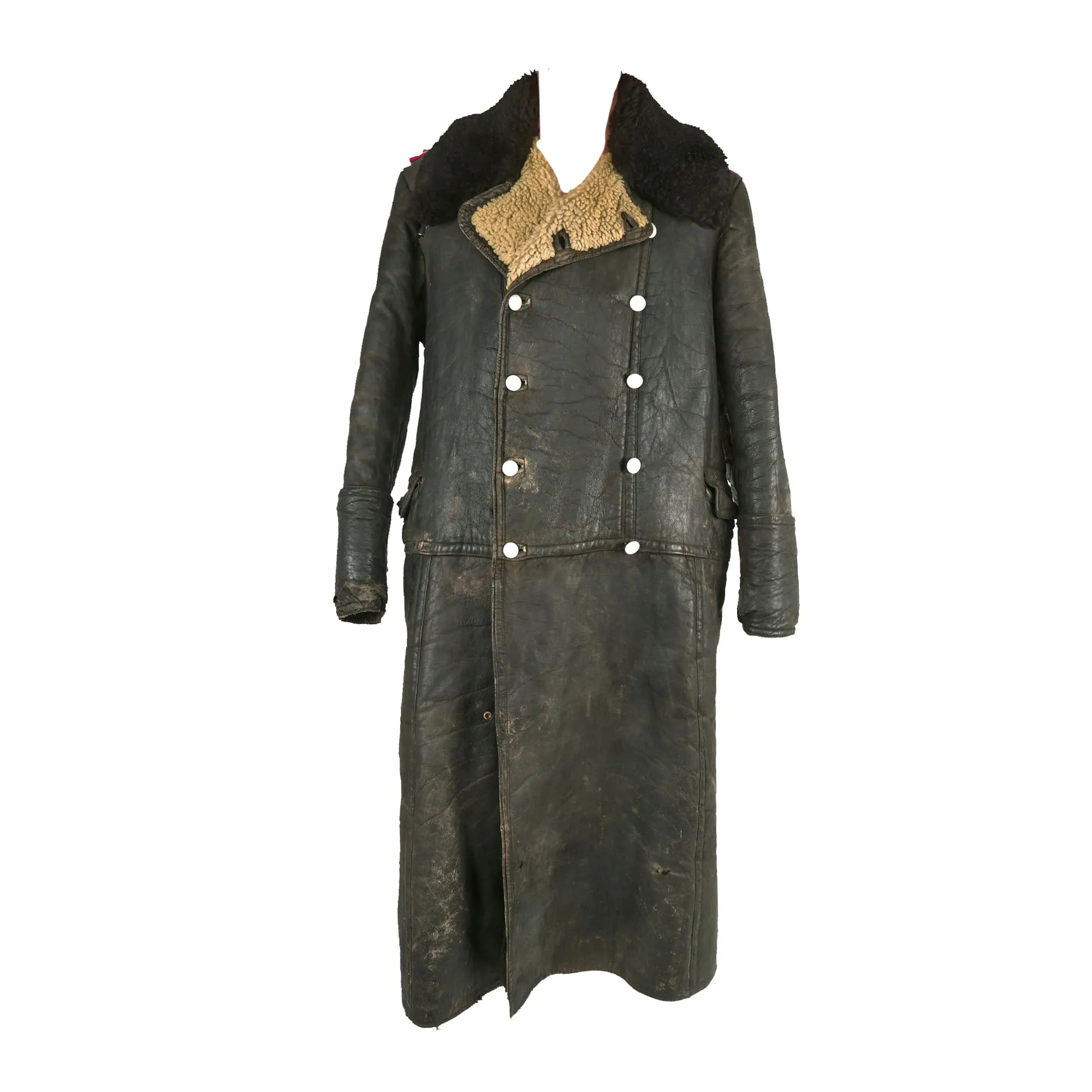 Original German WWII General Staff Hauptmann Officer's Black Leather Winter Fur-Lined Greatcoat