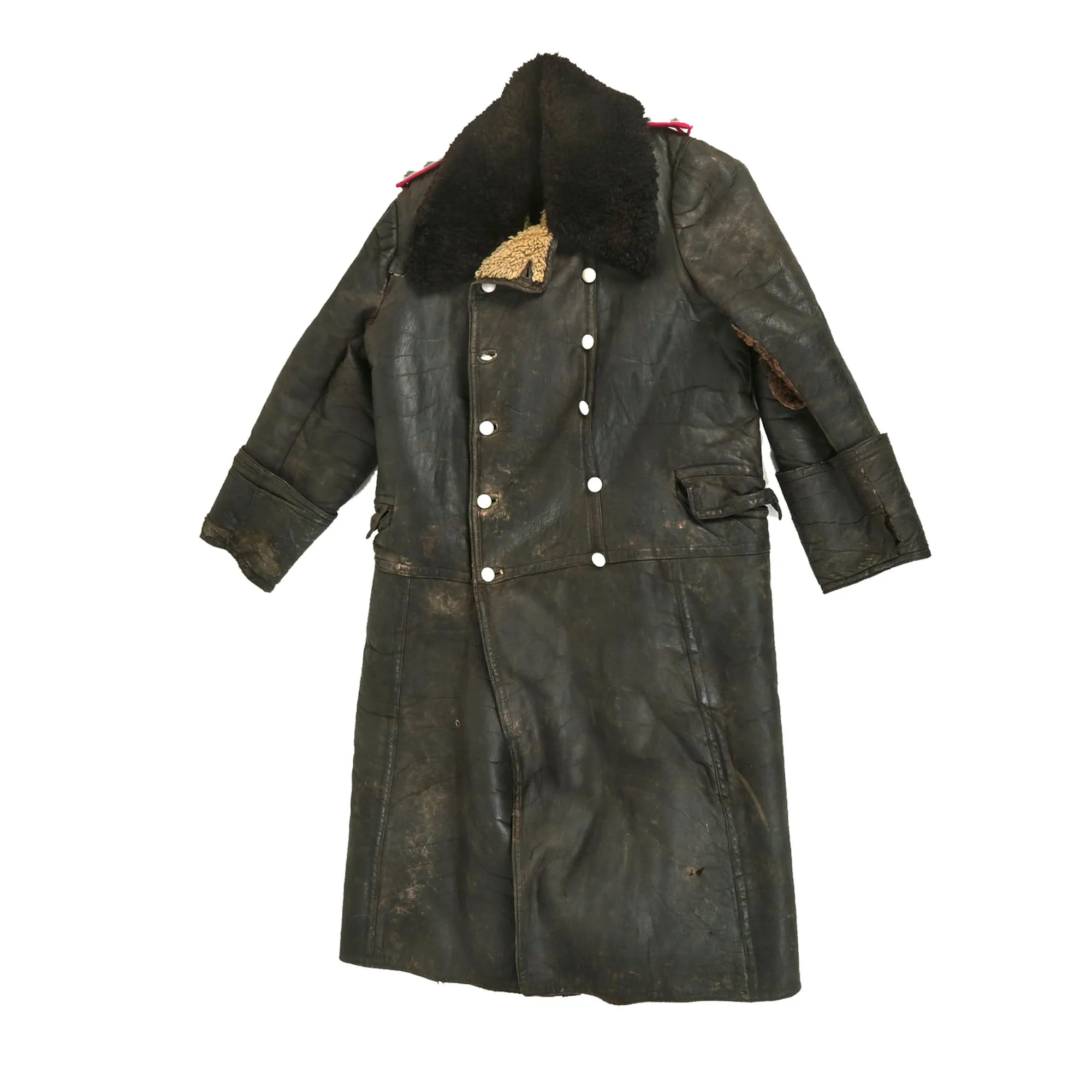 Original German WWII General Staff Hauptmann Officer's Black Leather Winter Fur-Lined Greatcoat