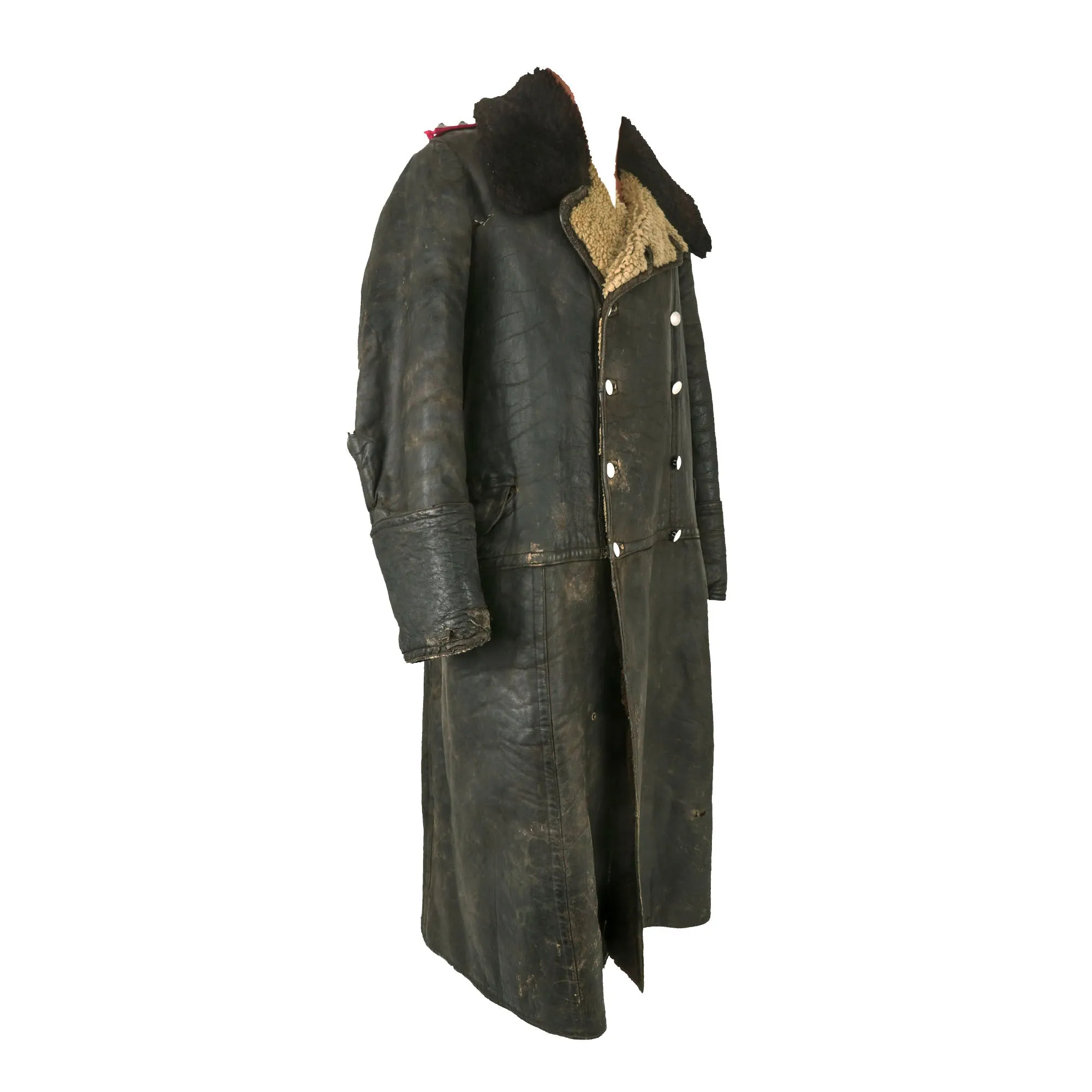 Original German WWII General Staff Hauptmann Officer's Black Leather Winter Fur-Lined Greatcoat