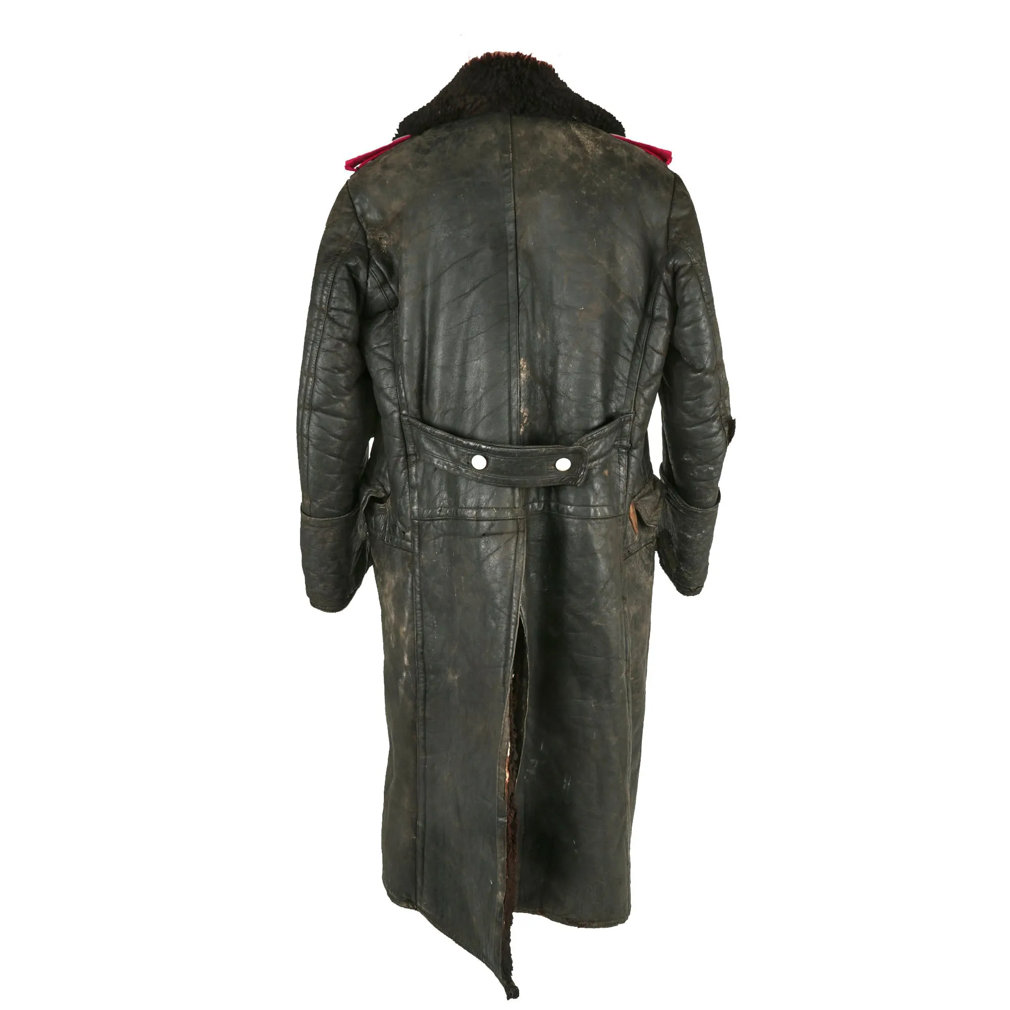 Original German WWII General Staff Hauptmann Officer's Black Leather Winter Fur-Lined Greatcoat