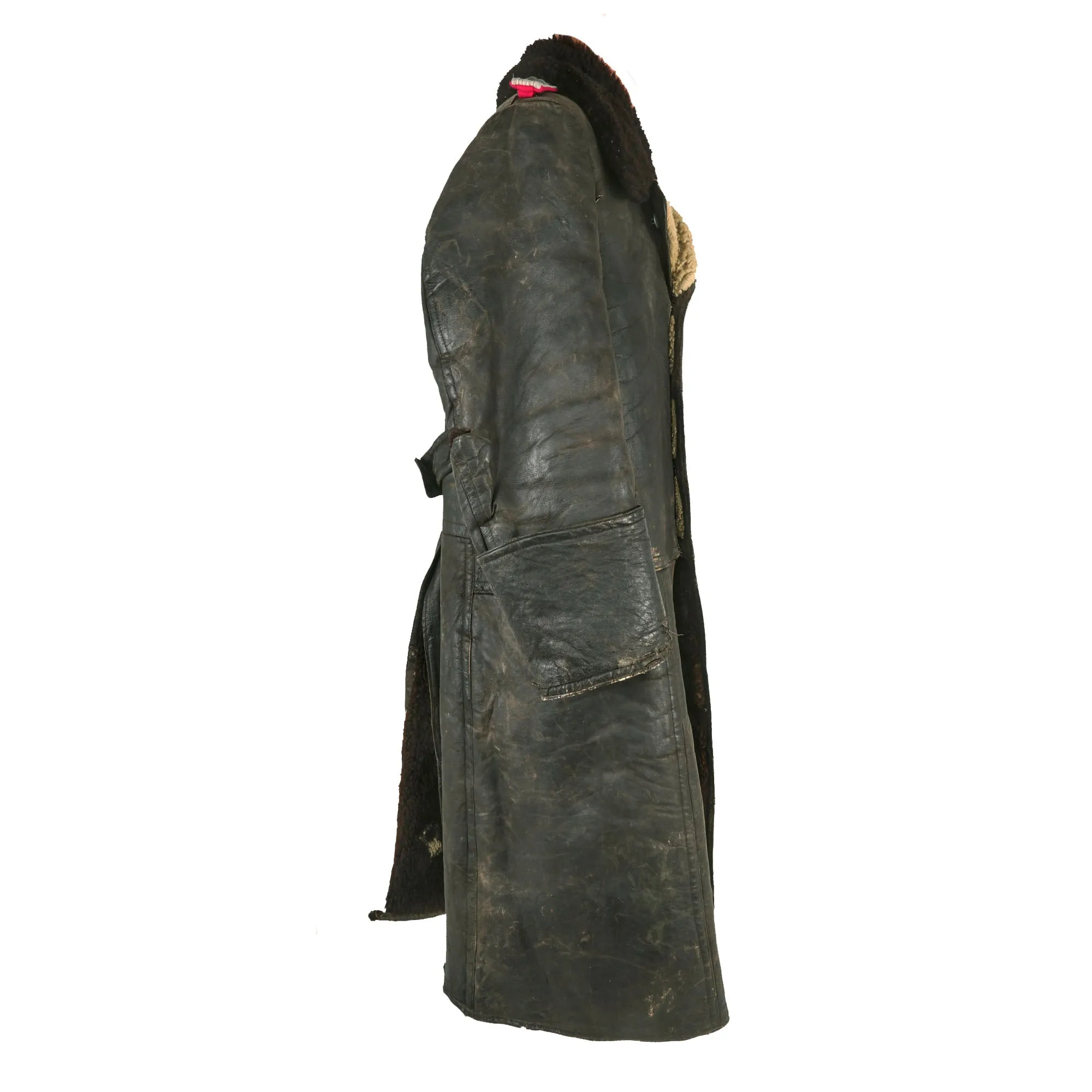 Original German WWII General Staff Hauptmann Officer's Black Leather Winter Fur-Lined Greatcoat