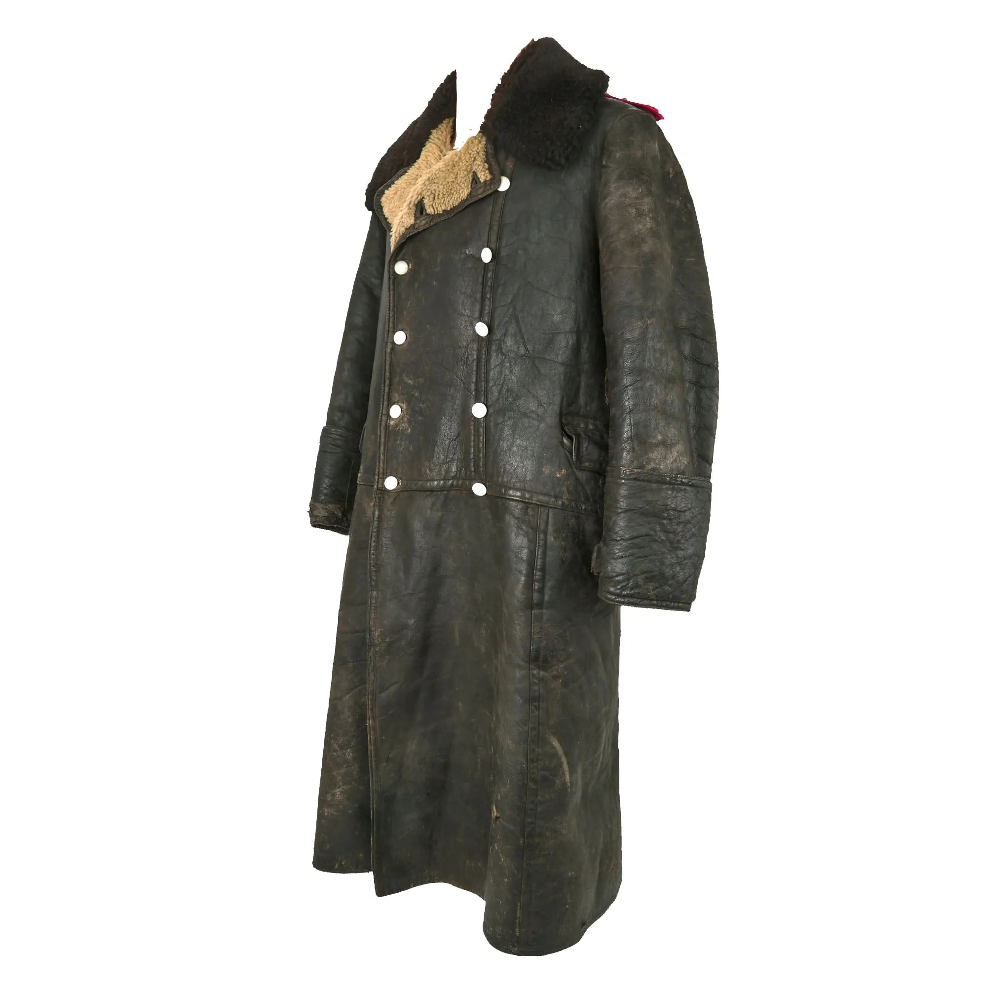 Original German WWII General Staff Hauptmann Officer's Black Leather Winter Fur-Lined Greatcoat