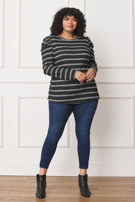 Plus Shirred Puff Sleeve Stripe Top