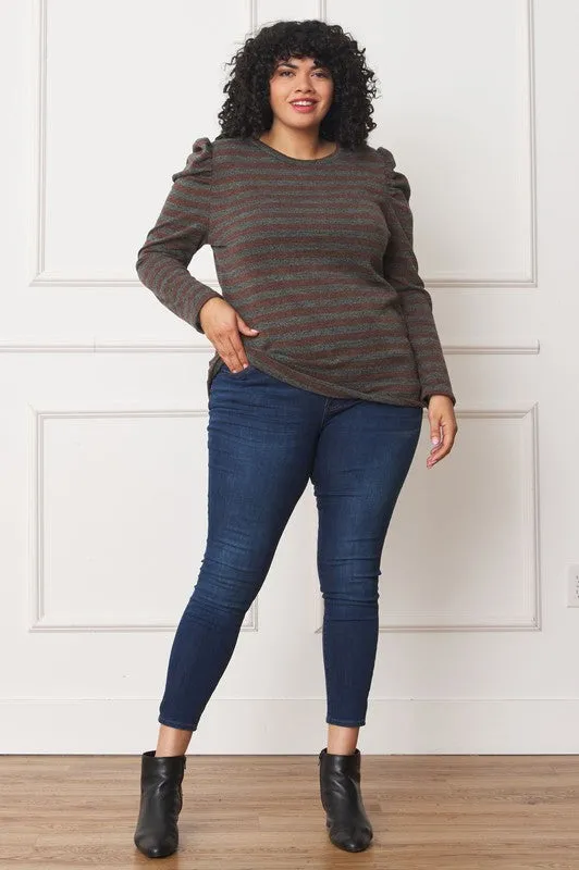 Plus Shirred Puff Sleeve Stripe Top