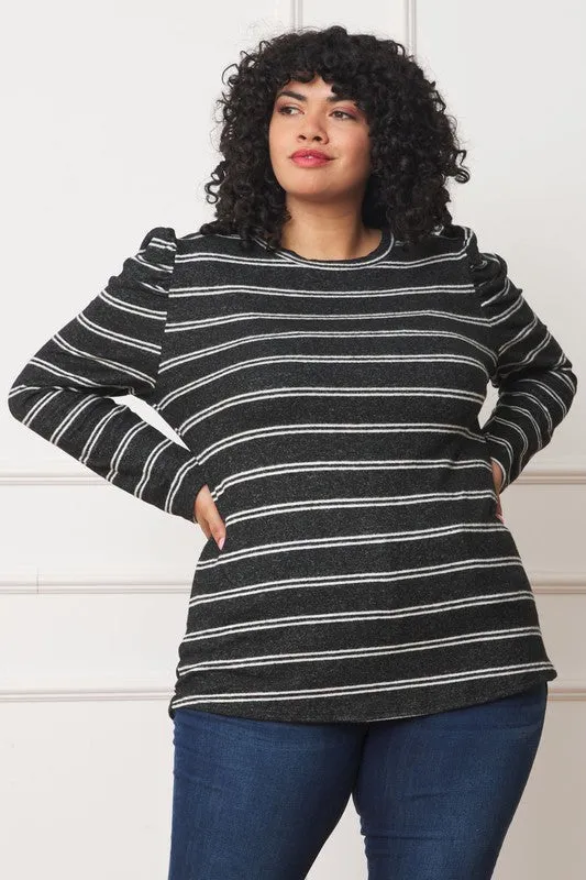 Plus Shirred Puff Sleeve Stripe Top