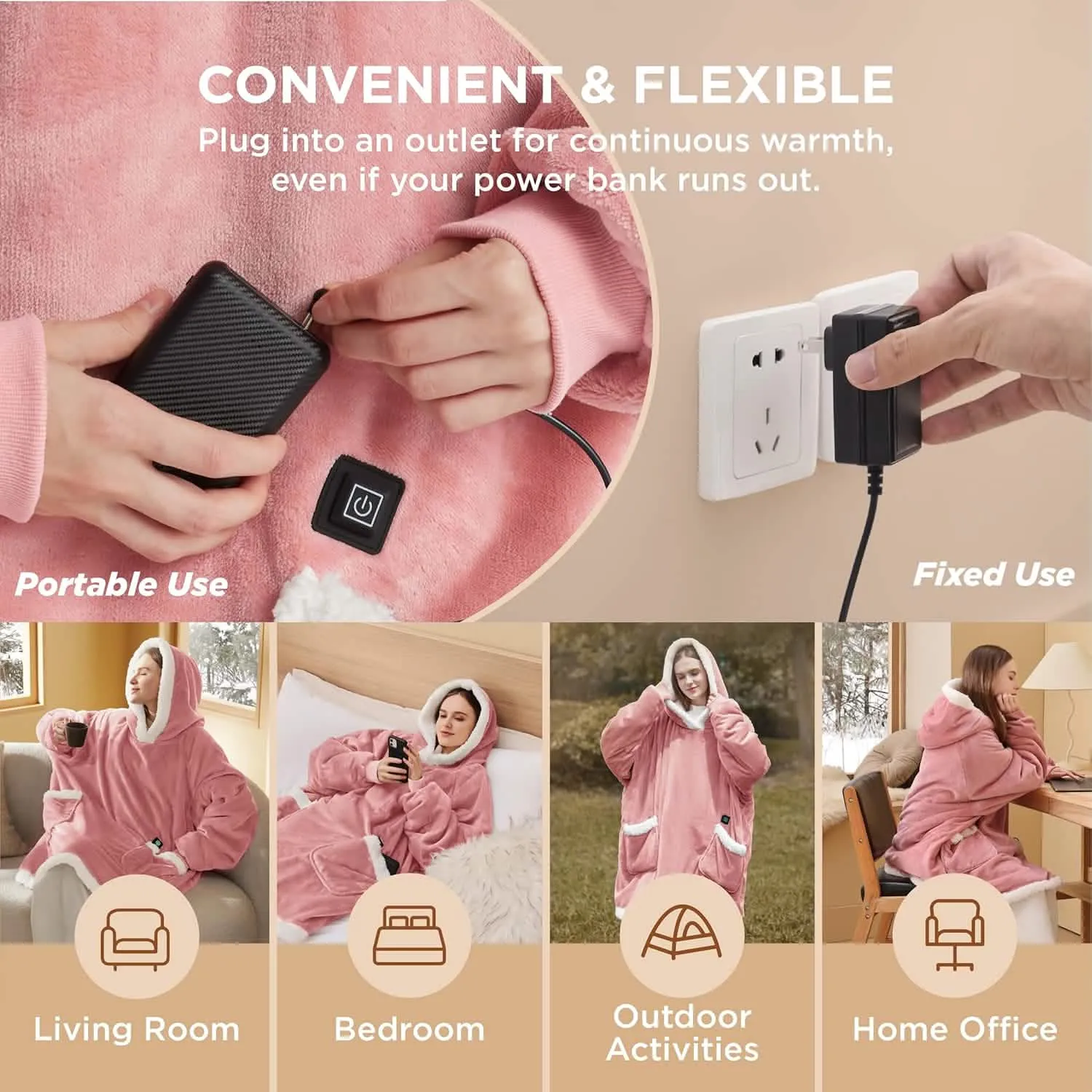 Portable Heated Sherpa Fleece Blanket Hoddie