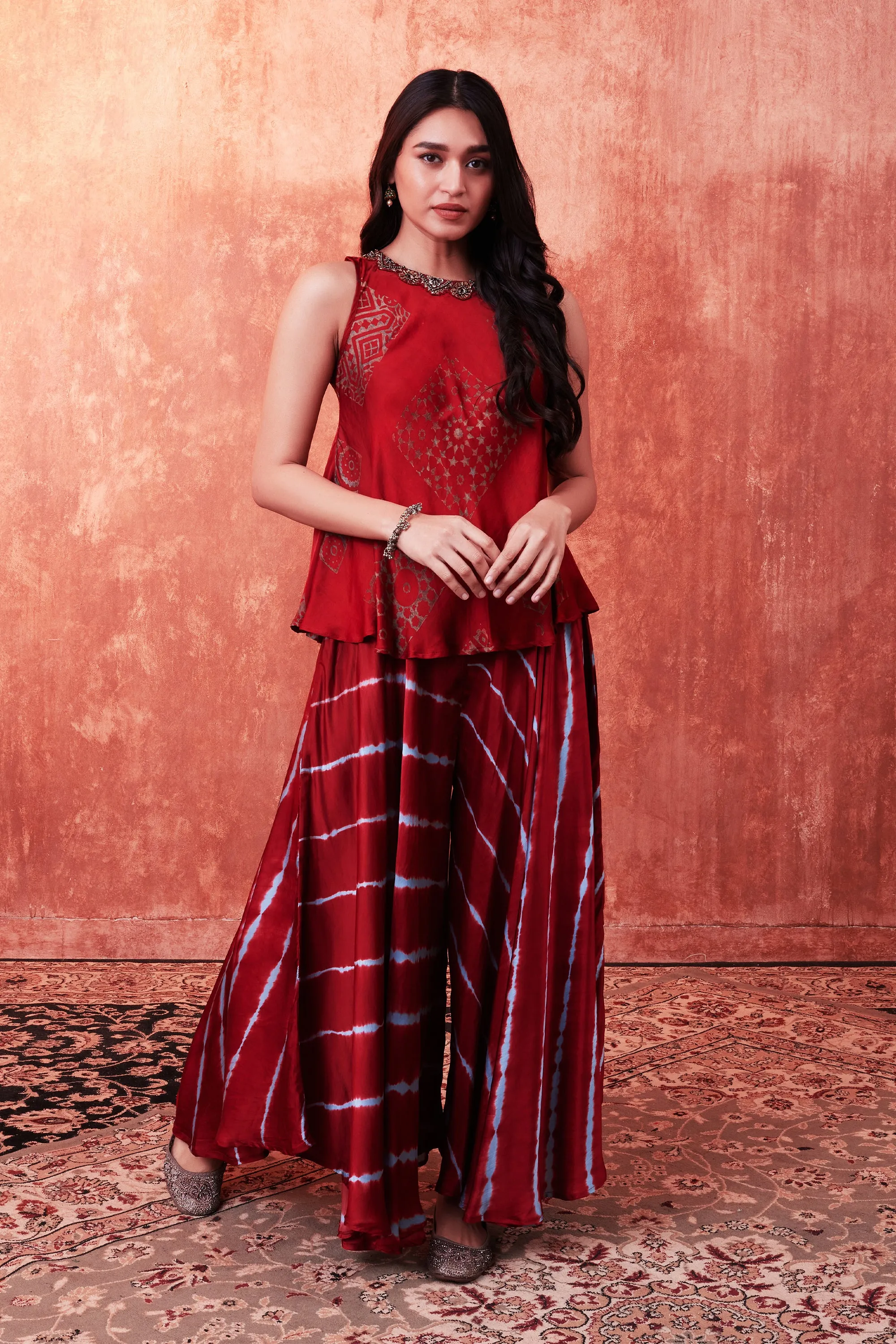 Red Ajrakh Printed Habutai Silk Tunic & Palazzo Set