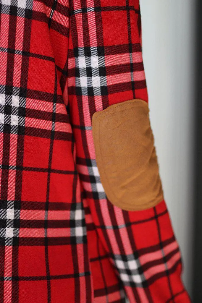 Red Plaid Cardigan With Elbow Patches