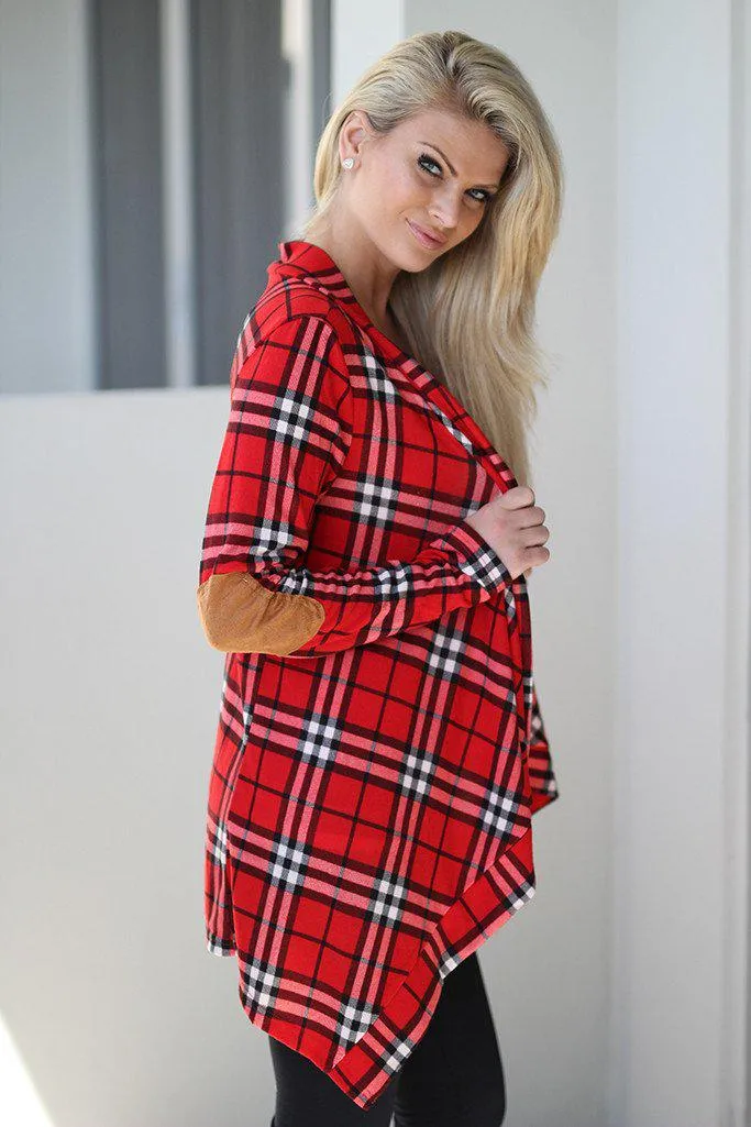 Red Plaid Cardigan With Elbow Patches