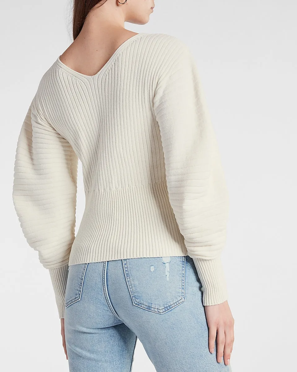 Ribbed Sculpted Sleeve V-Neck Sweater in Swan