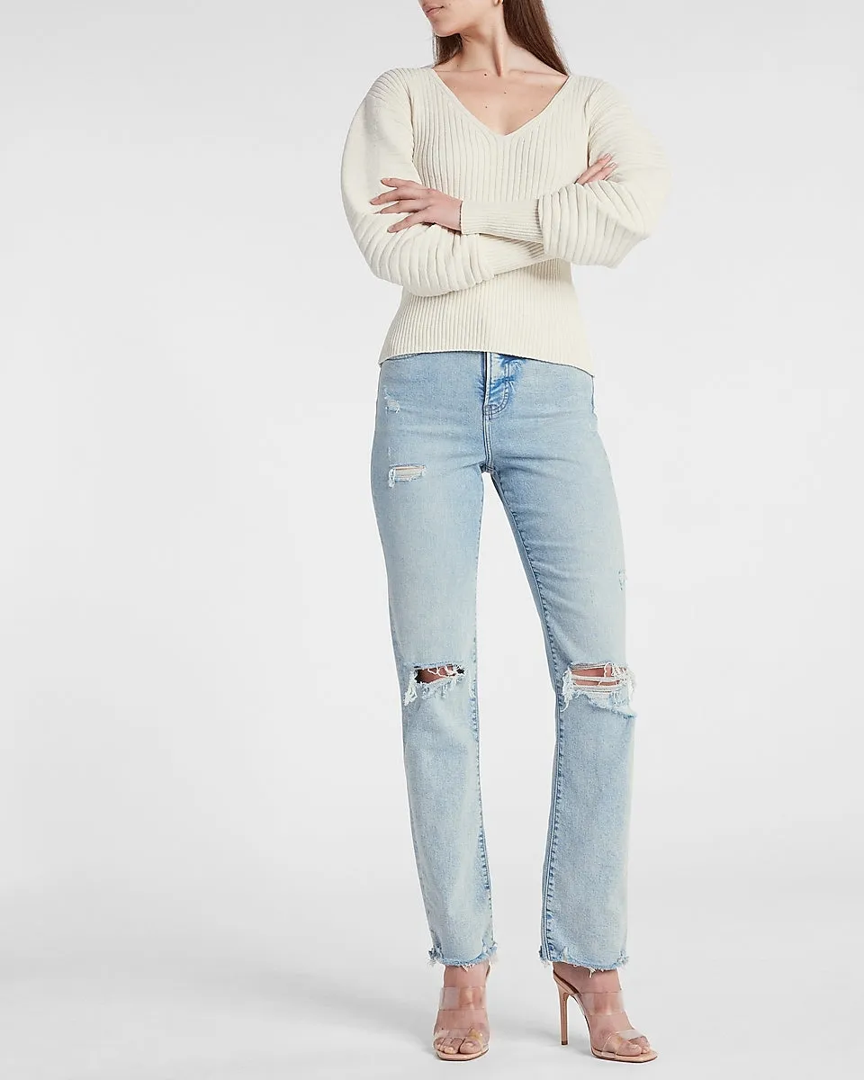 Ribbed Sculpted Sleeve V-Neck Sweater in Swan