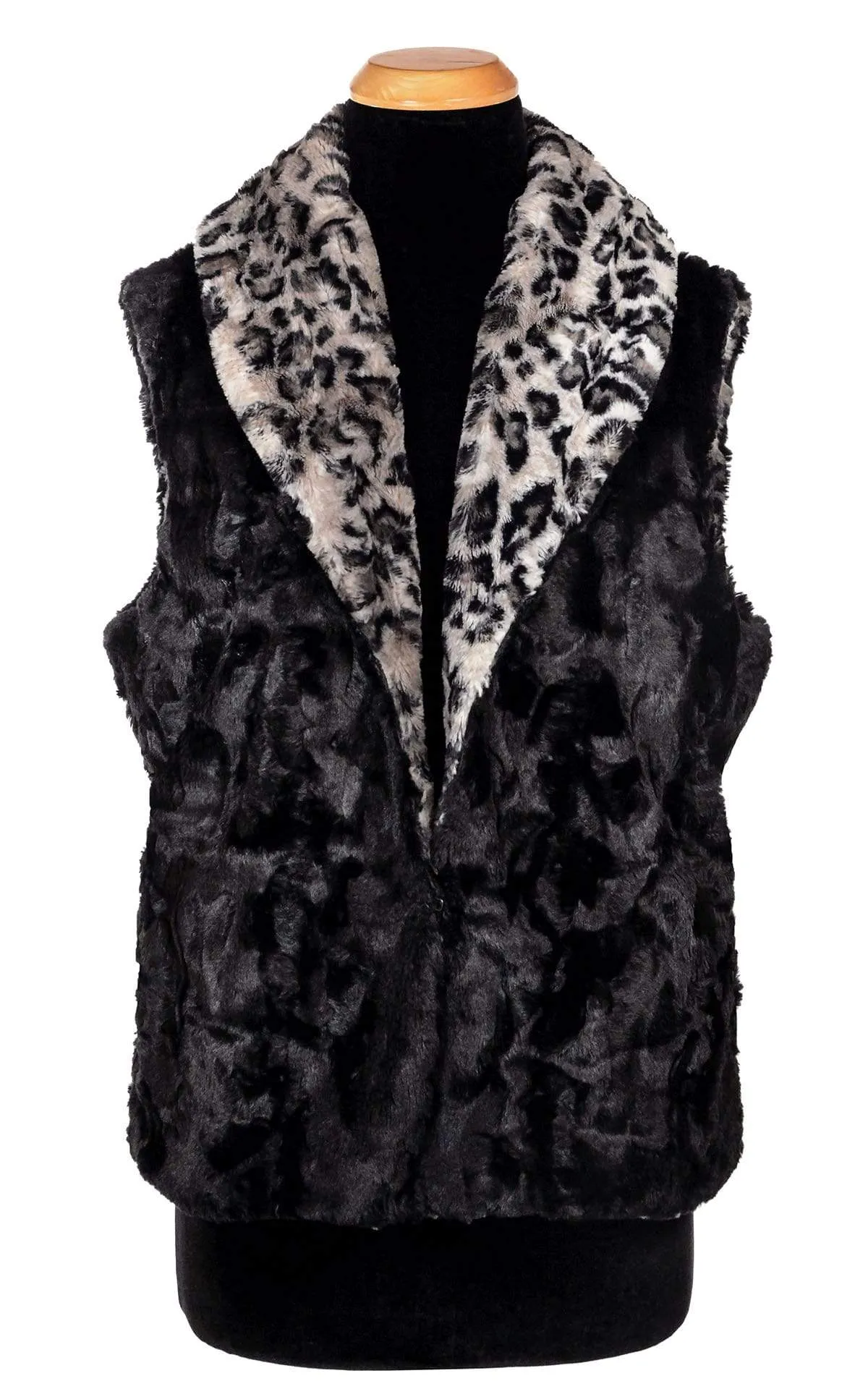 Shawl Collar Vest - Luxury Faux Fur Savannah Cat in Gray with Cuddly Fur in Black