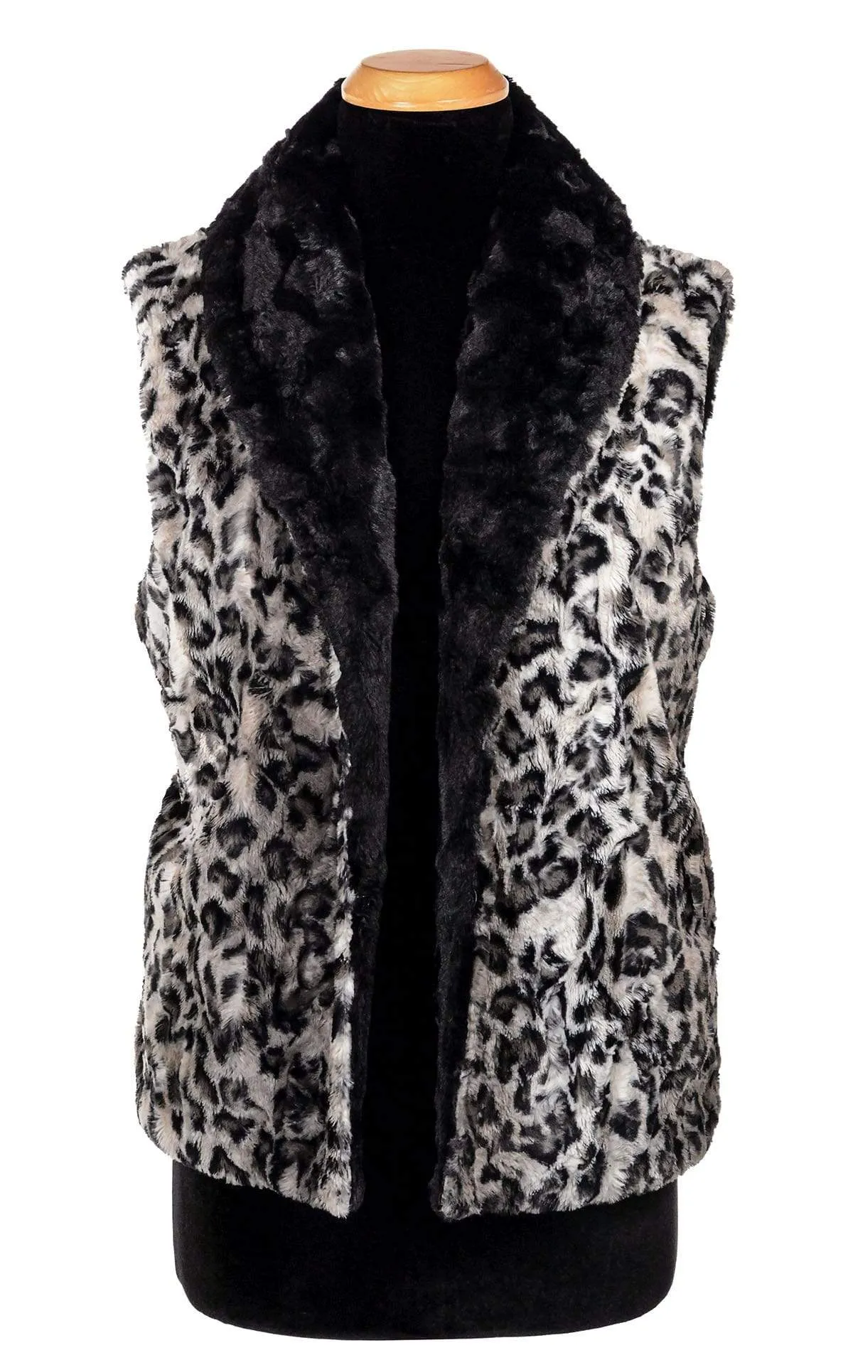 Shawl Collar Vest - Luxury Faux Fur Savannah Cat in Gray with Cuddly Fur in Black