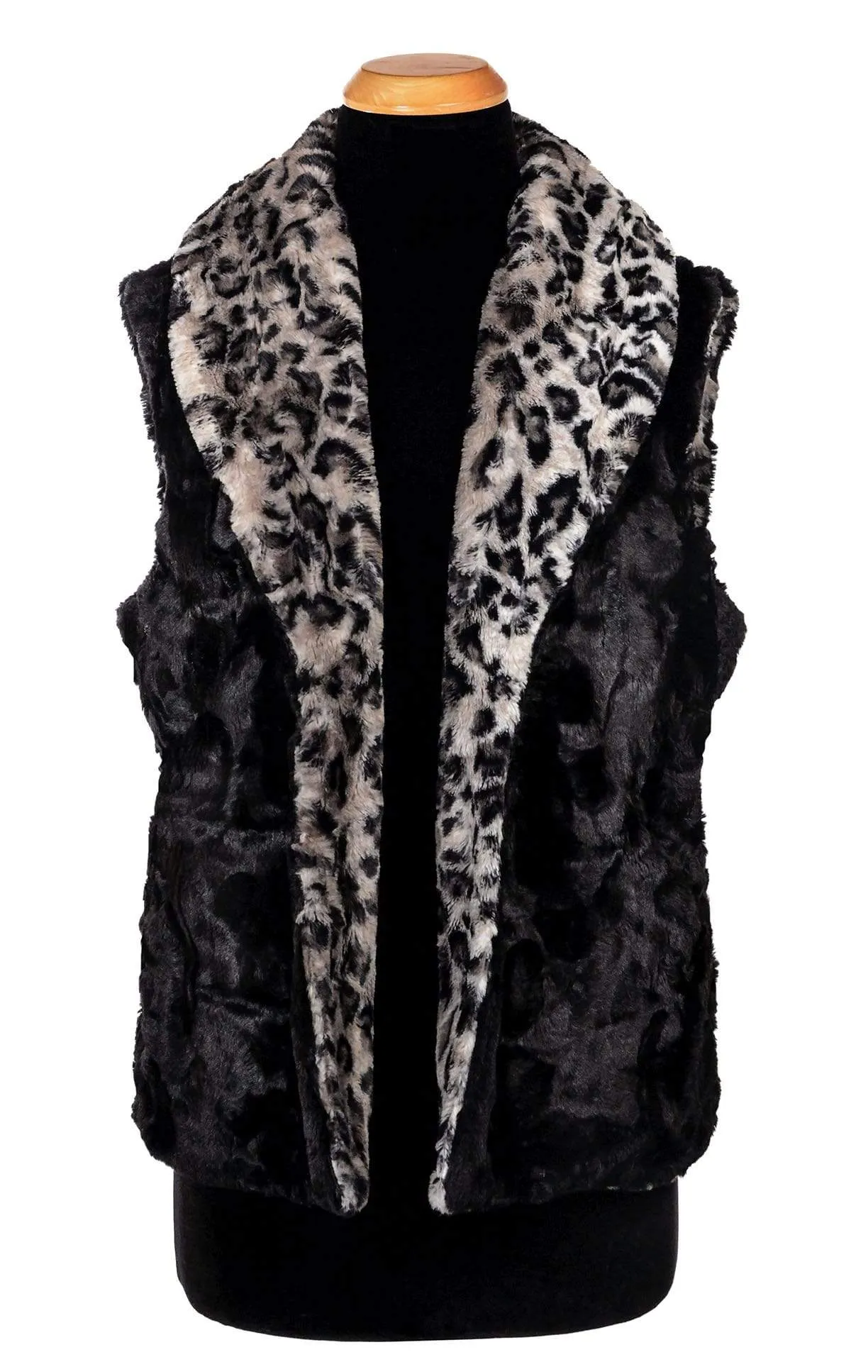 Shawl Collar Vest - Luxury Faux Fur Savannah Cat in Gray with Cuddly Fur in Black