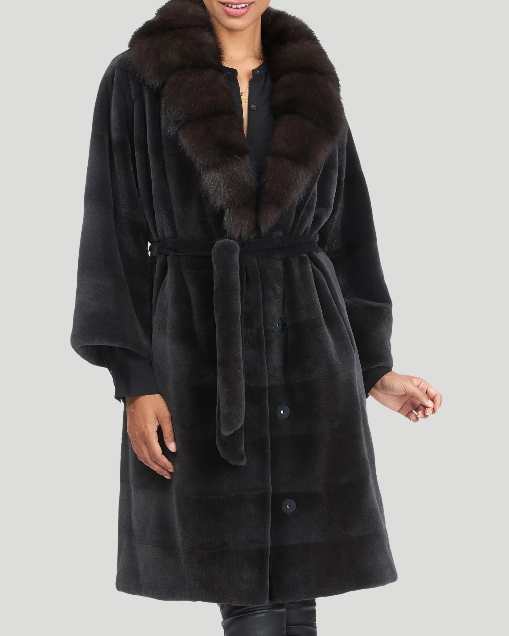 Sheared Mink Short Coat with Sable Collar and Belt