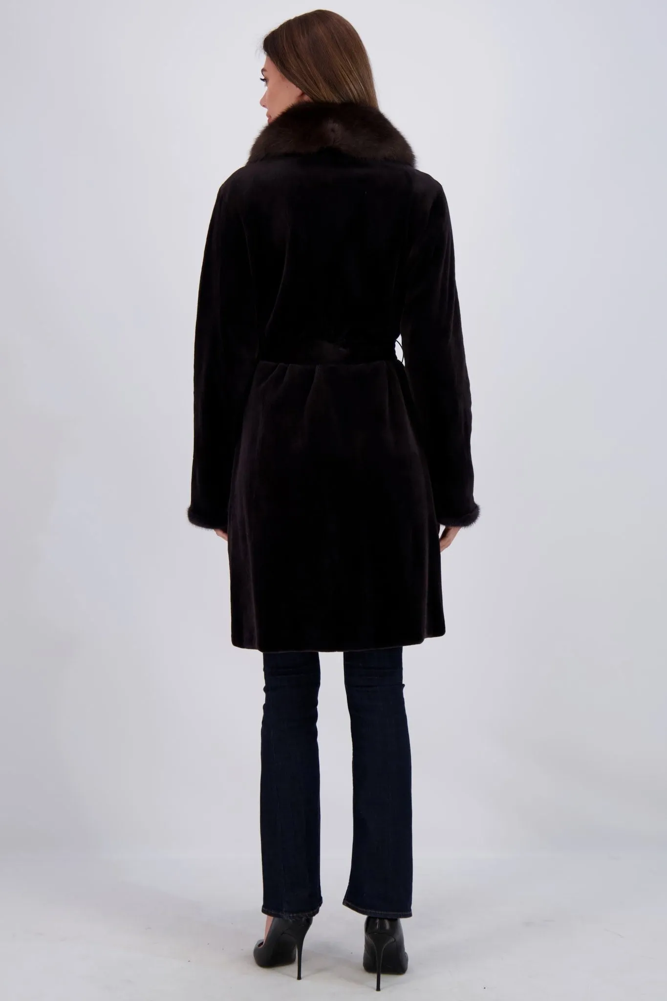 SHEARED MINK SHORT COAT WITH SABLE COLLAR, BELT