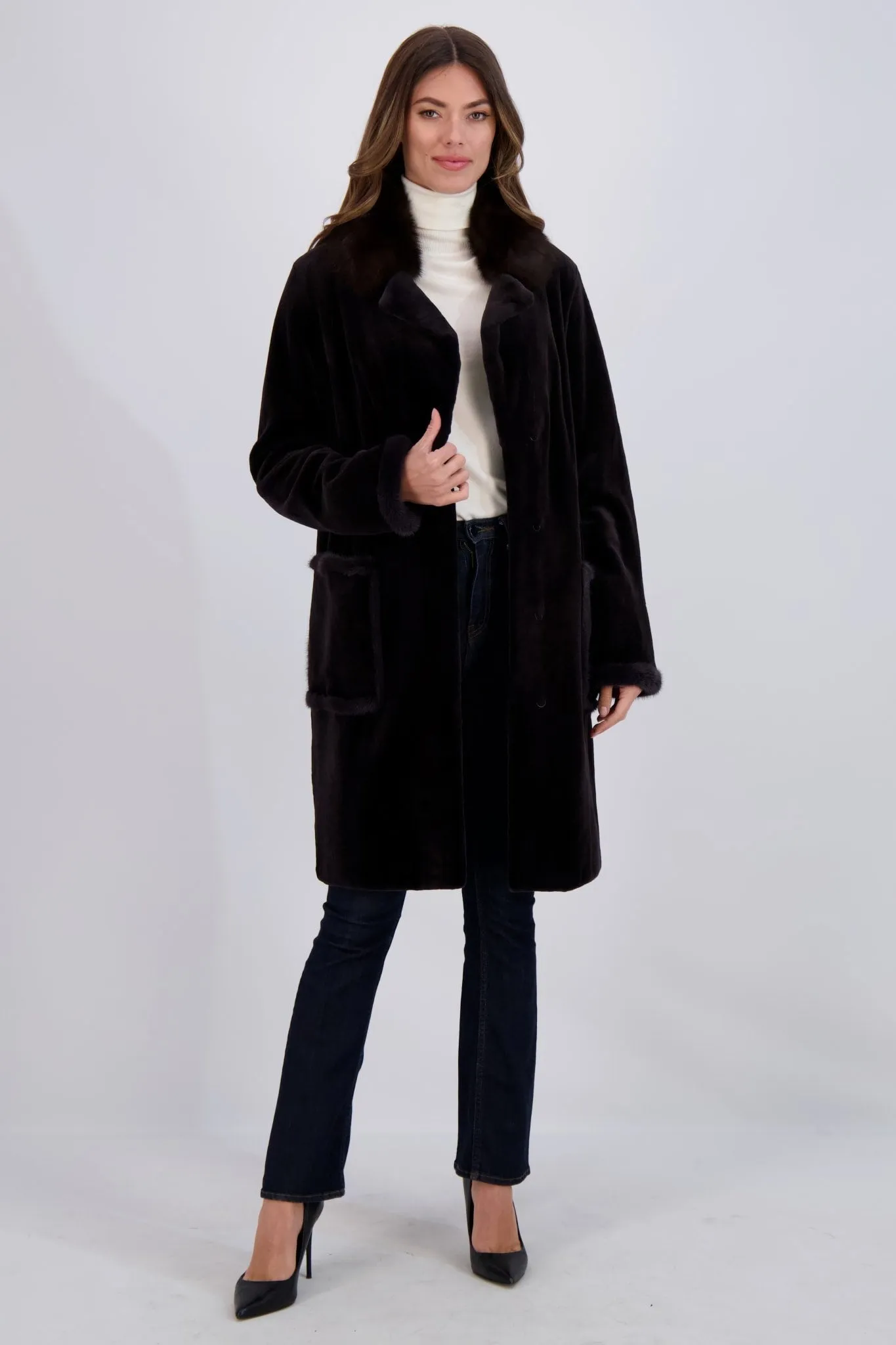 SHEARED MINK SHORT COAT WITH SABLE COLLAR, BELT