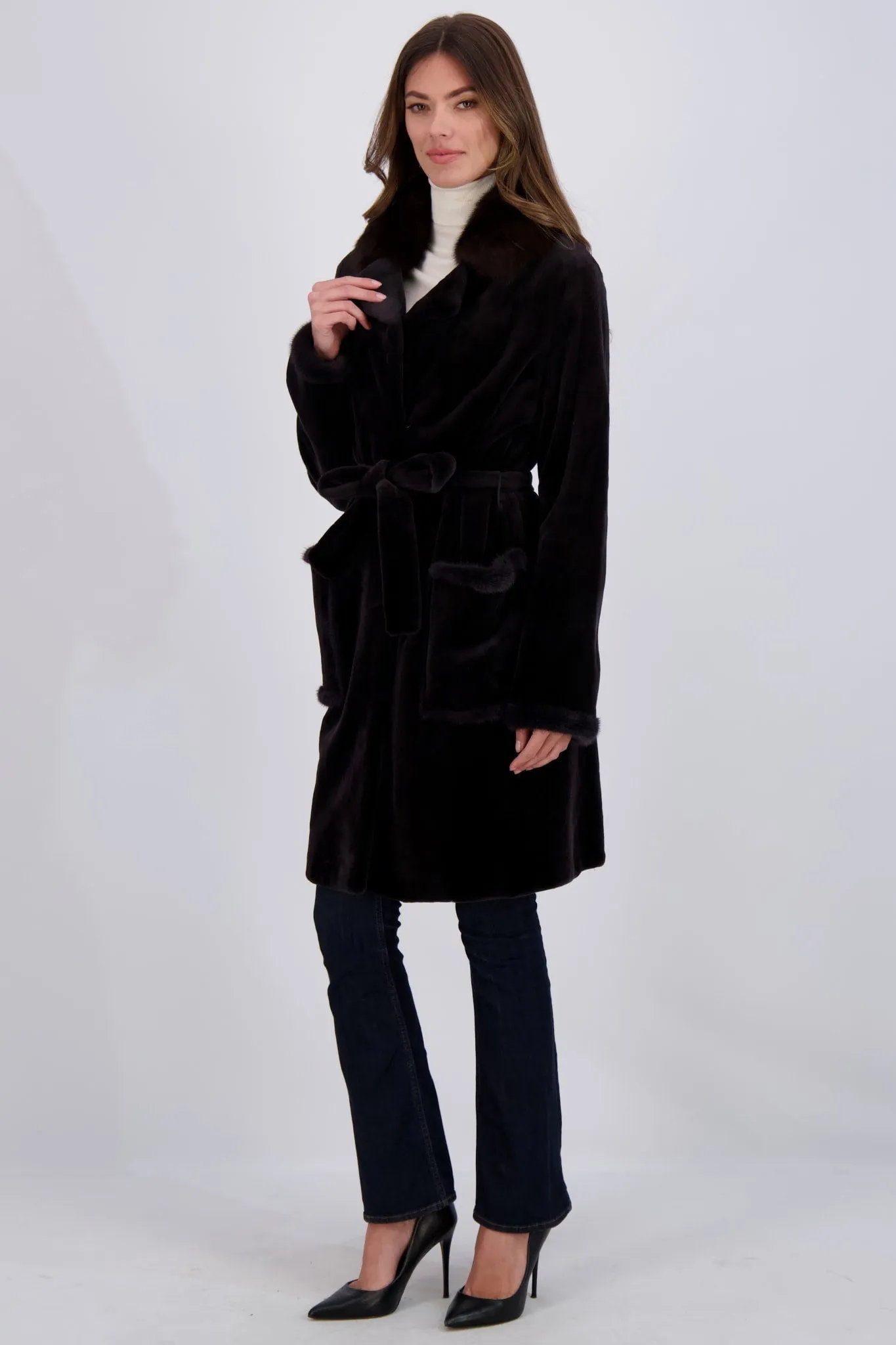 SHEARED MINK SHORT COAT WITH SABLE COLLAR, BELT