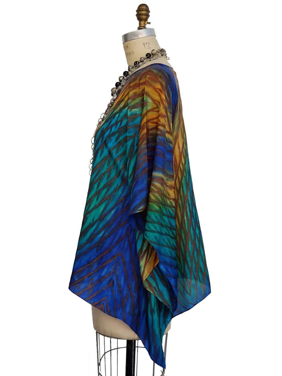 Silk Caftan Hand Painted Shibori Model 1 Blue Green Gold