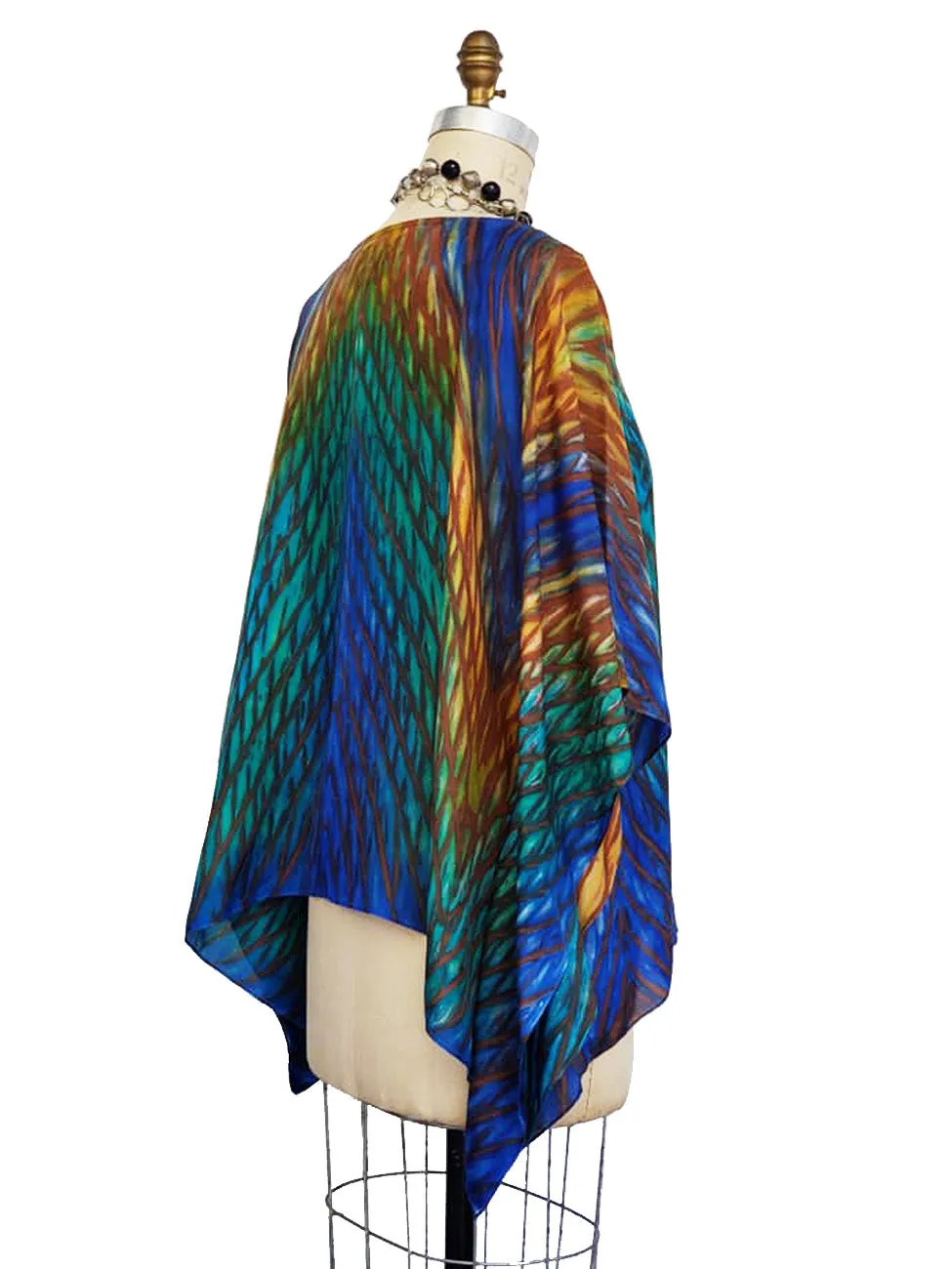 Silk Caftan Hand Painted Shibori Model 1 Blue Green Gold