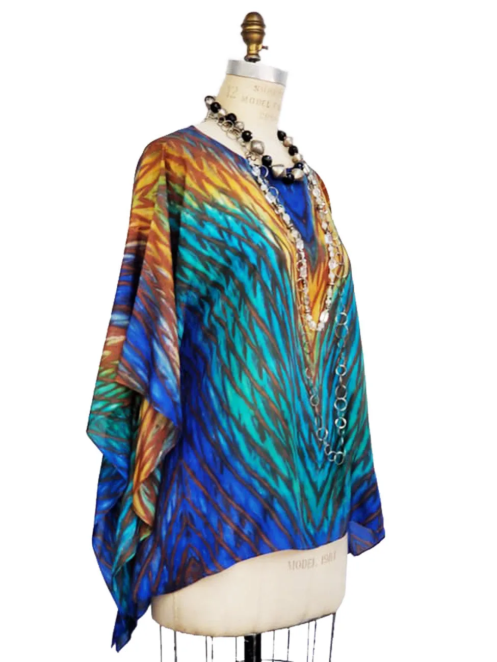 Silk Caftan Hand Painted Shibori Model 1 Blue Green Gold