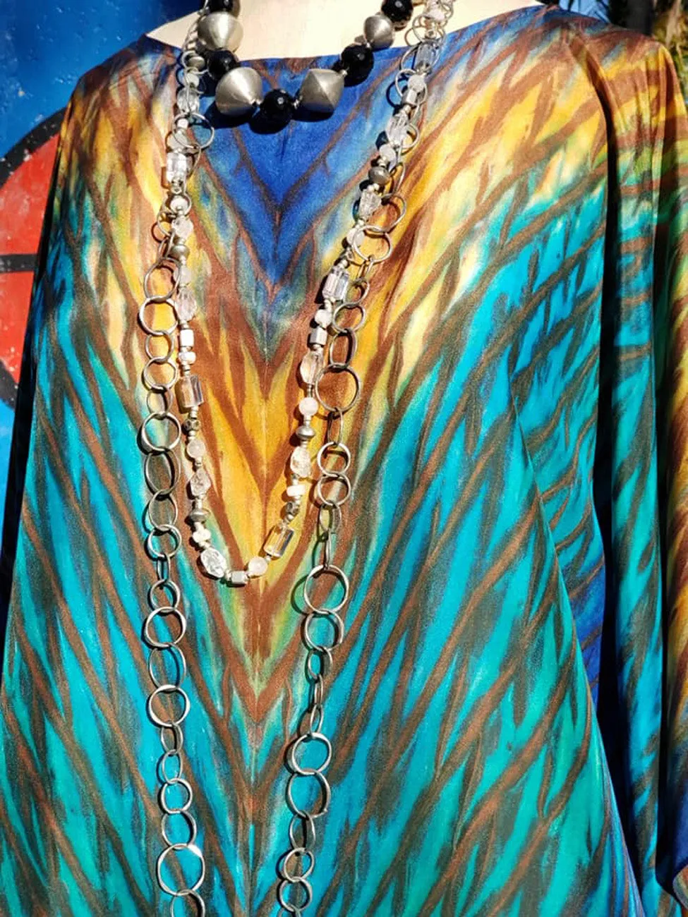 Silk Caftan Hand Painted Shibori Model 1 Blue Green Gold