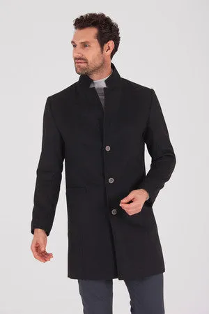 Slim Fit Notch Lapel Madrid Black Overcoat, Black