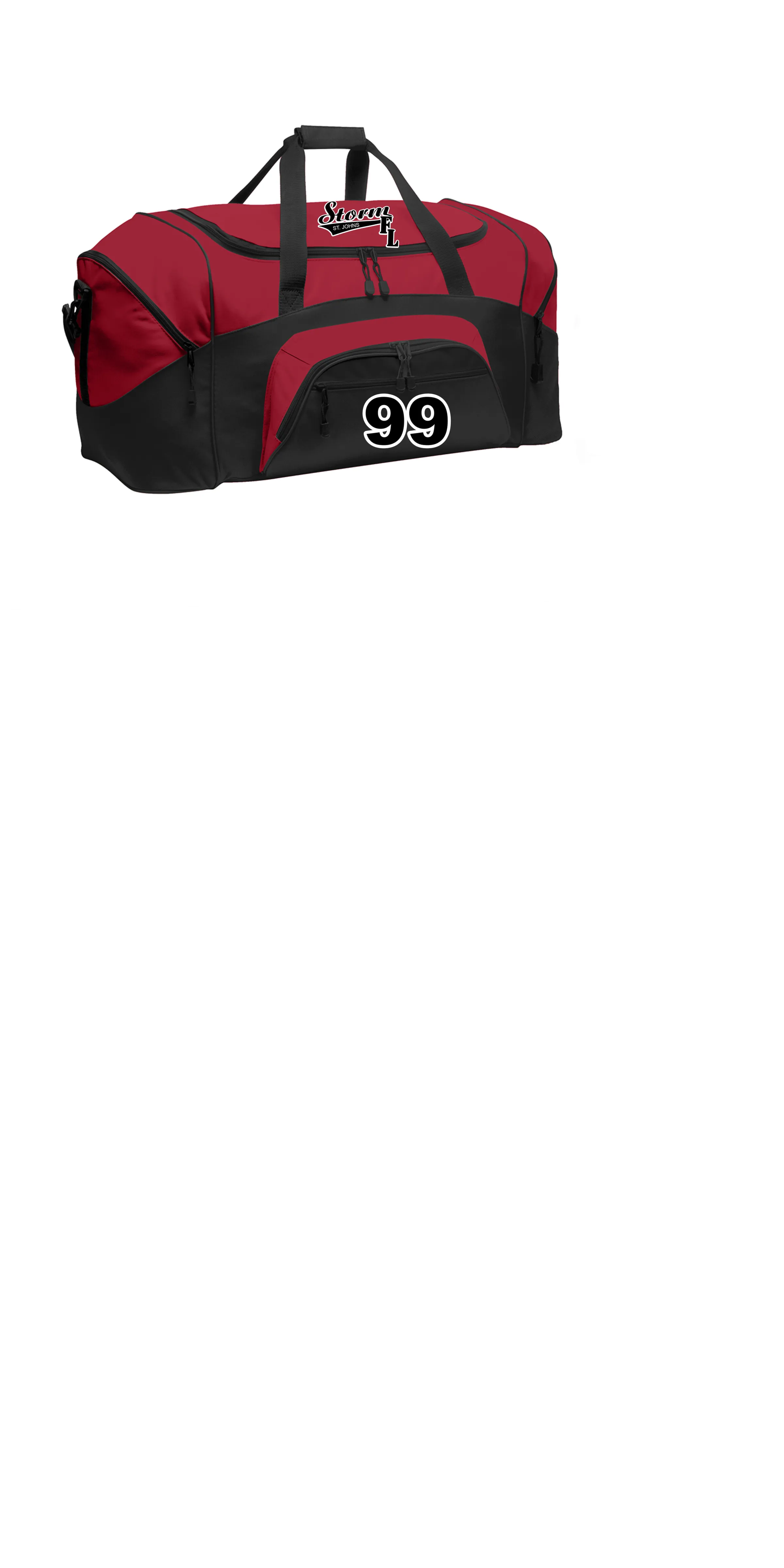 STORM ST JOHNS TRAVEL DUFFEL BAG WITH LOGO AND NUMBER RED AND BLACK